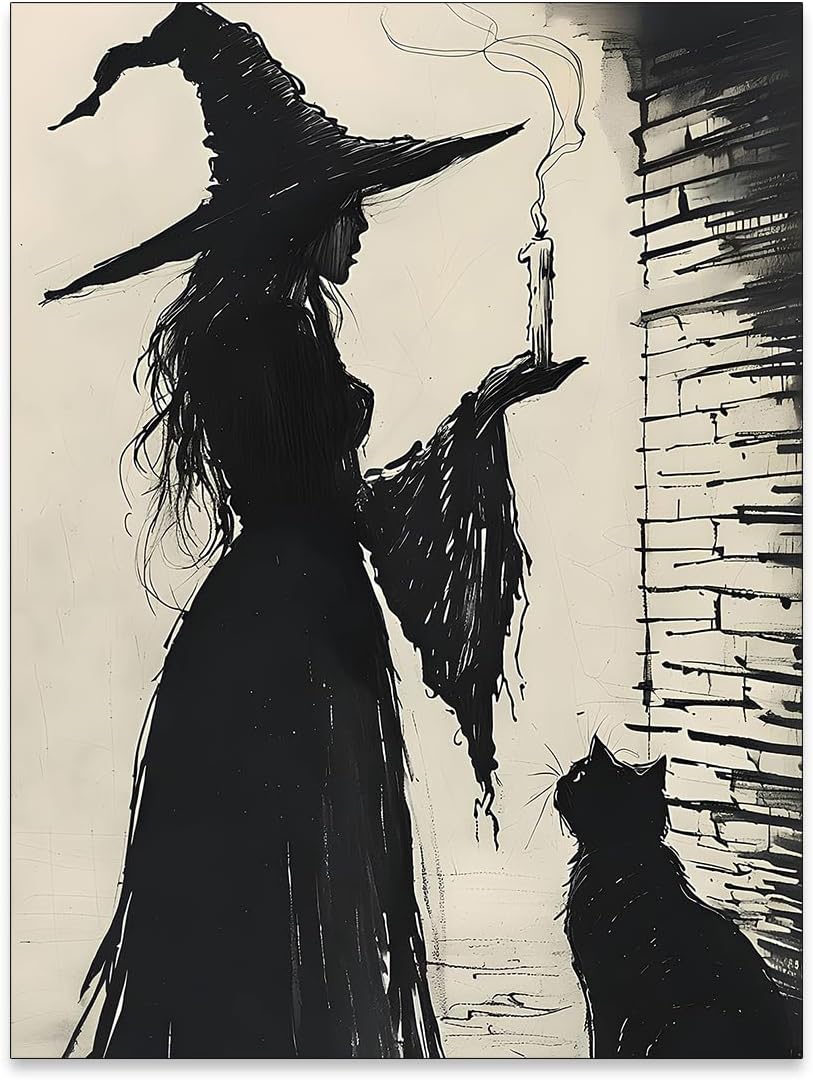 Halloween Canvas Wall Art Witch and Black Cat Posters Gothic Candle Haunted Witchcore Pictures Vintage Ink Style Prints for Dark Academia Halloween Party House Decor 12x16inch Unframed