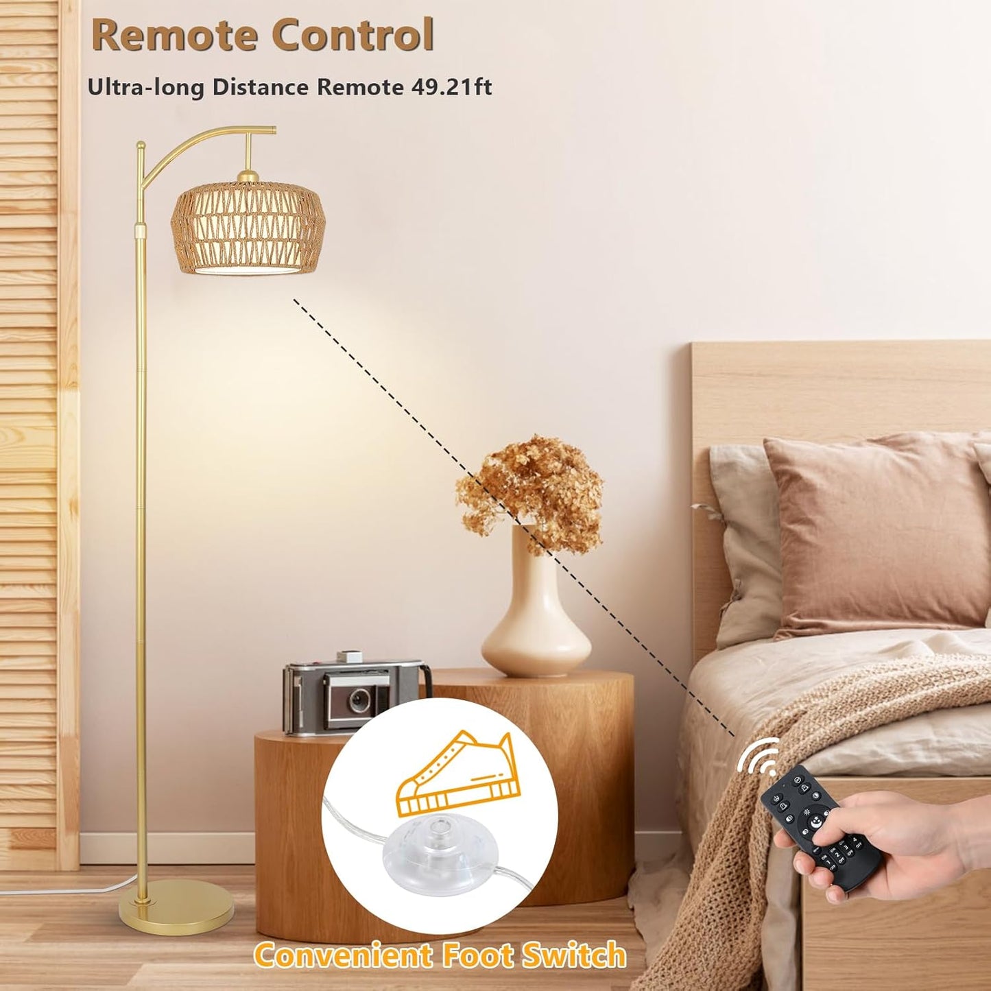 Gold Floor Lamps for Living Room, Boho Rattan Floor Lamp with Remote and Dimmable Bulb, 3 Color Temperatures, Modern Arc Standing Lamp with Wicker Shades, Farmhouse Tall Lamp for Bedroom