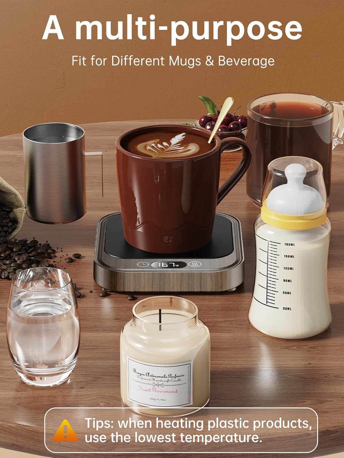 Mug Warmer - 40W Coffee Cup Warmer for Desk with Auto Shut Off, Smart Electric Candle Warmer with 4 Temp & Time Settings, Coffee Gifts for Beverage, Tea, Water, Milk in Home & Office (Wood)