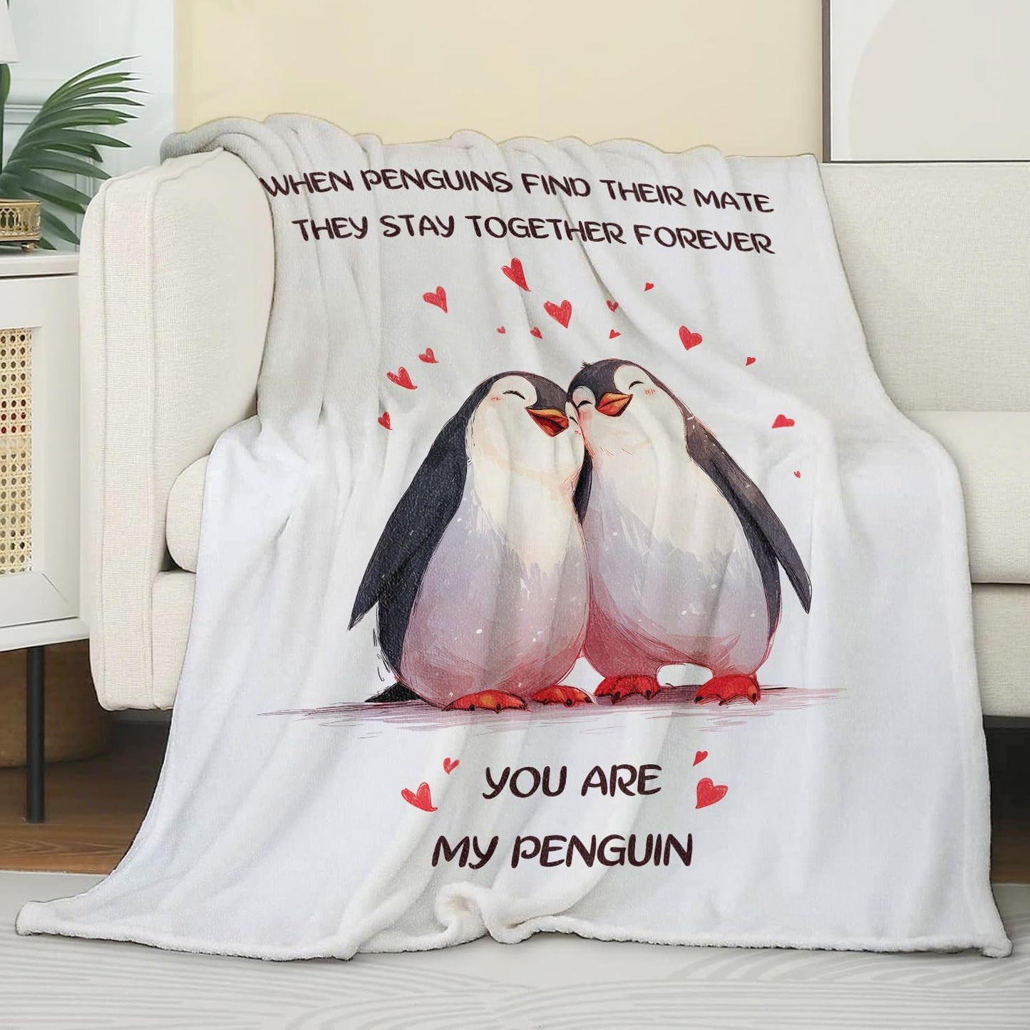 Cute Penguin Flannel Blanket, Soft Cozy Throw with Romantic Animal, Lightweight Blankets for All Seasons, Love Home Sofa Bed Decor and Gifts for Couple Women Valentine’s Day, 50x60 Inch