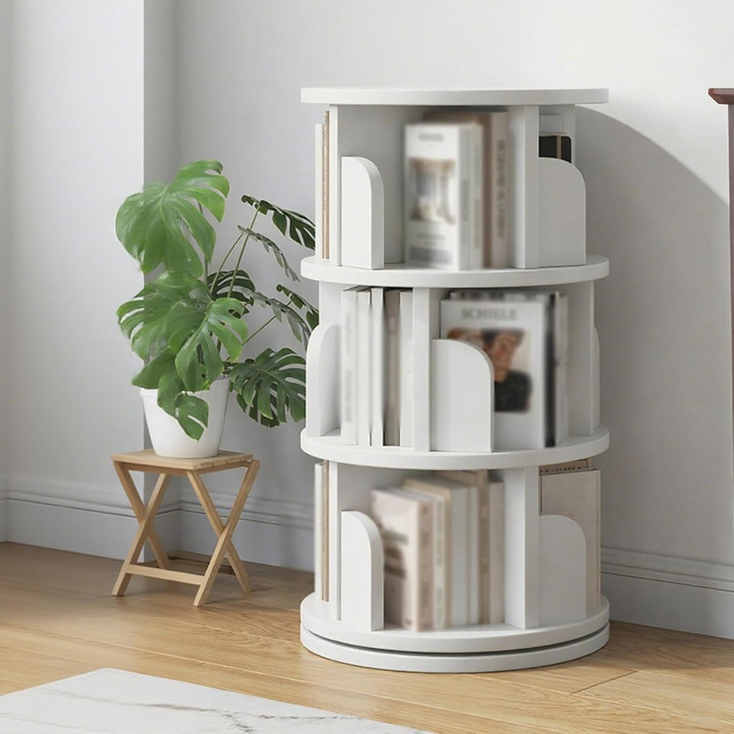 Wooden Adjustable Vertical Spine Rotating Book Tower Floor 360 ° Rotatable Etagere Bookcase with Solid Wood Frame for Living Room, Kitchen, Home Office(White,3-Layer)