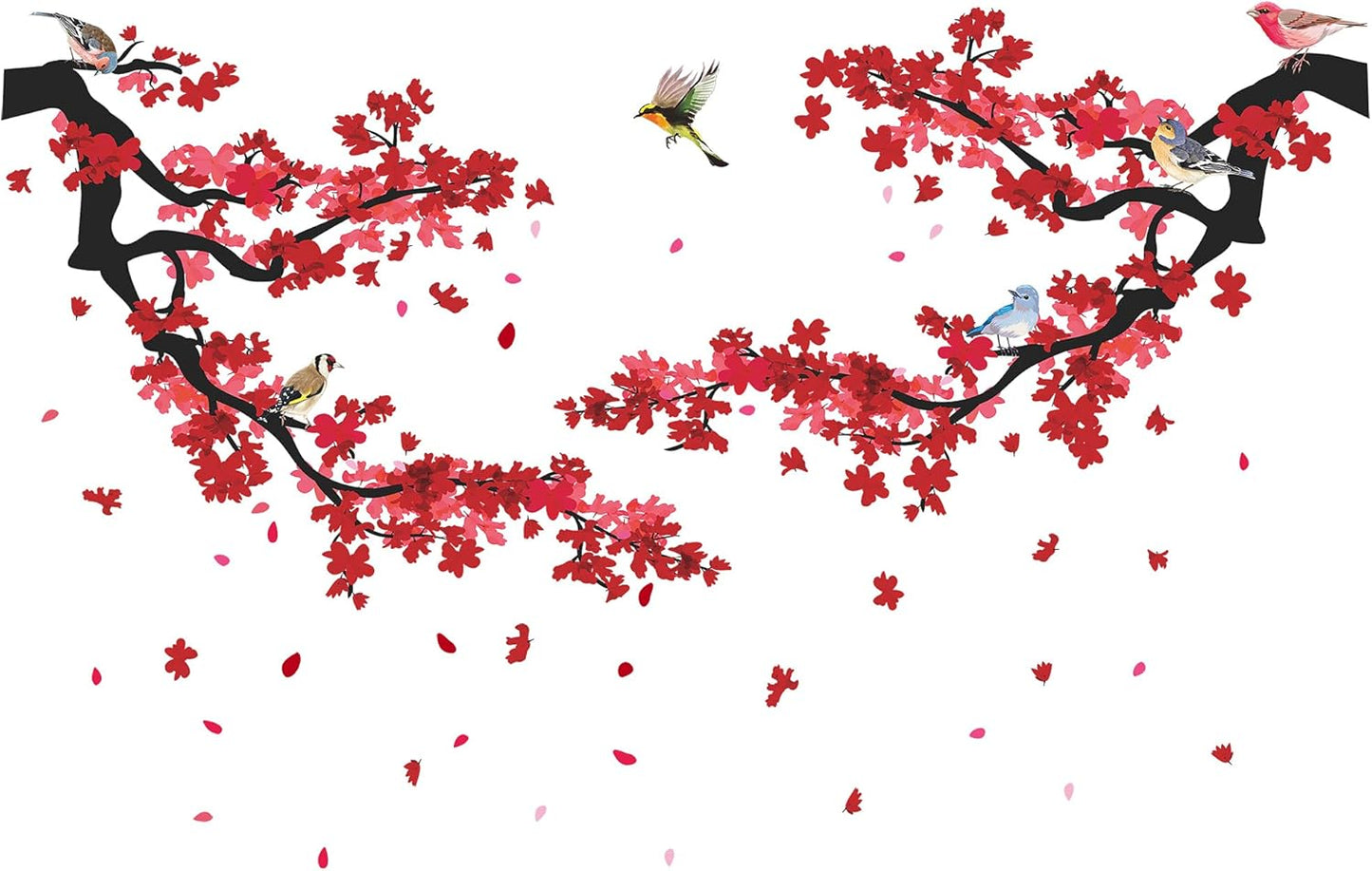 3D Red Plum Branch Wall Sticker Creative Flower Birds Frolic Pastoral Style Wall Decals Removable Peel and Stick for Kids Girls Bedroom Living Room Office TV Background Classroom Art Wall Decor (A)