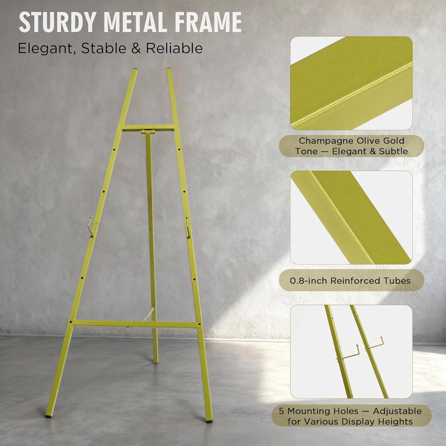 57" Heavy Duty Gold Easel Stand for Wedding Signs – Holds up to 50 lbs Metal Floor Easel for Welcome Sign, Seating Chart, Art & Mirrors – Quick 5-Min Assembly, Adjustable Display Stand