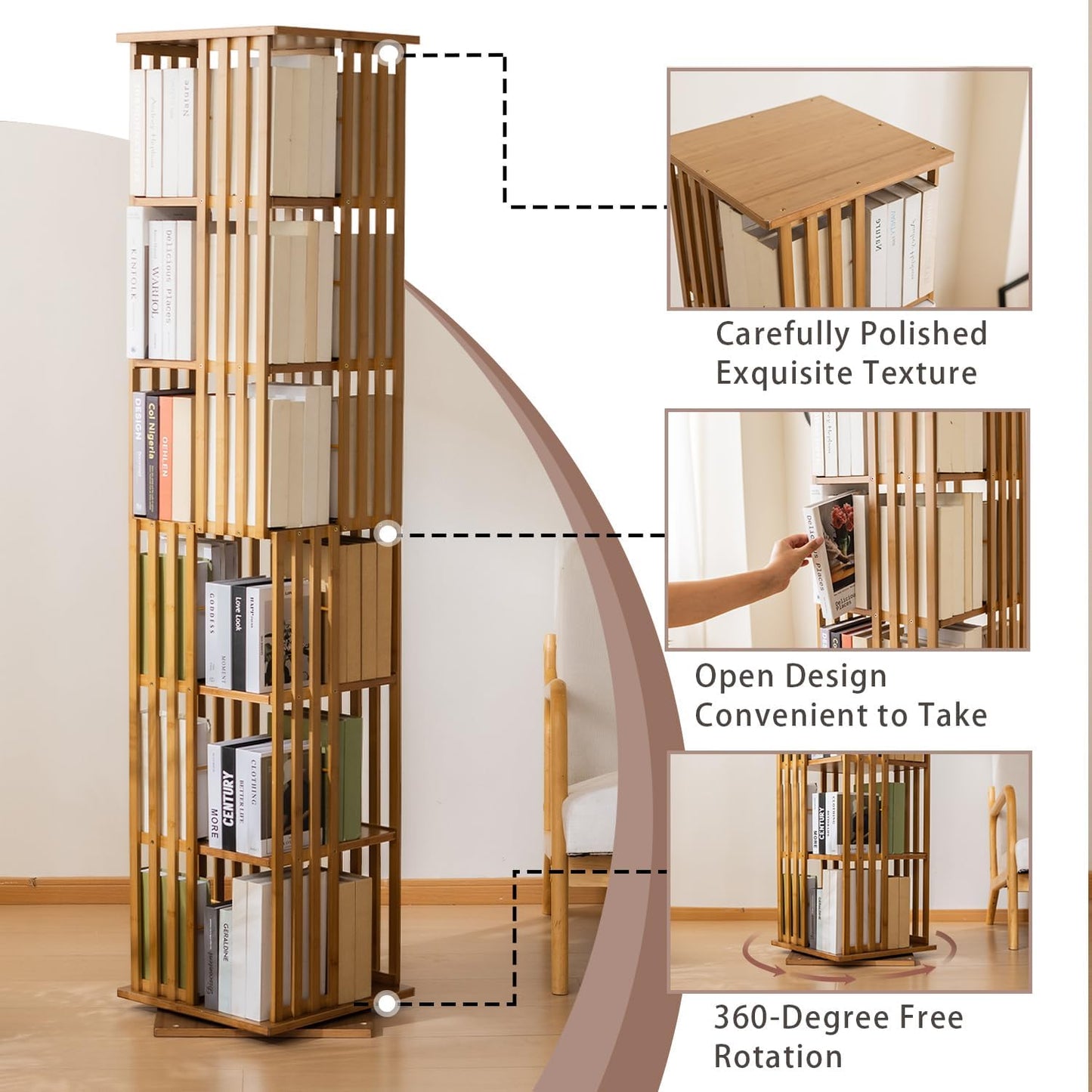 latifolia 6 Tier Rotating Bookshelf Tower, 360° Spinning Bamboo Bookcase, Coner Bookshelf for Office, Living Room, Narrow Space(Brown)