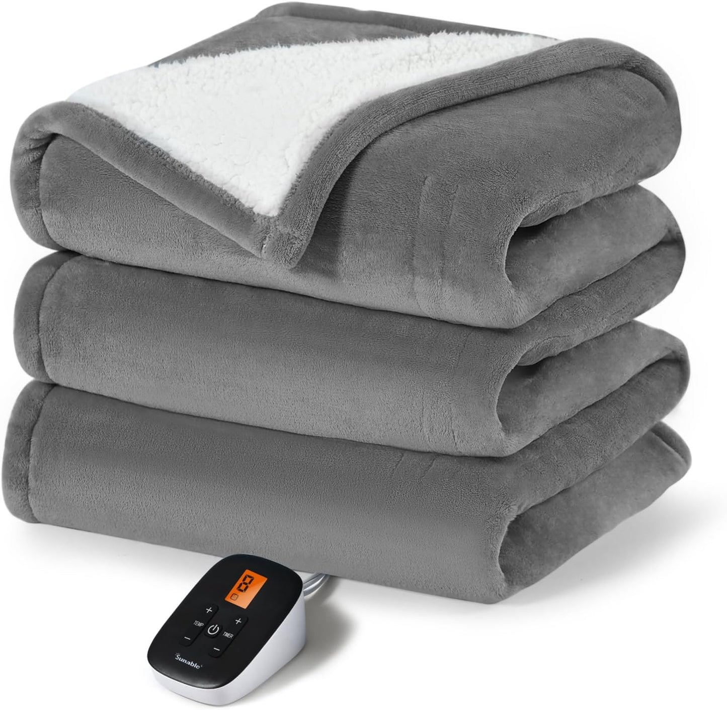 Sunable Heated Electric Blanket - Machine Washable Blanket with Time Settings Heat Settings Twin Size 62×84 inches, ETL Certified, Grey - Velvet & Sherpa