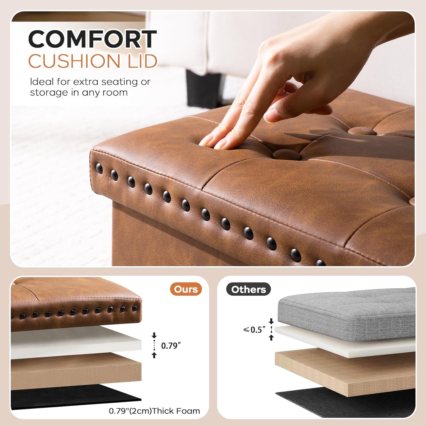 30 Inches Folding Storage Ottoman Bench, Ottoman PU Leather Tuffed End of Bed Bench, Foot Rest with Rivet Design, Ottoman with Storage, Load 330 lb, for Living Room, Bedroom, Entryway, Brown