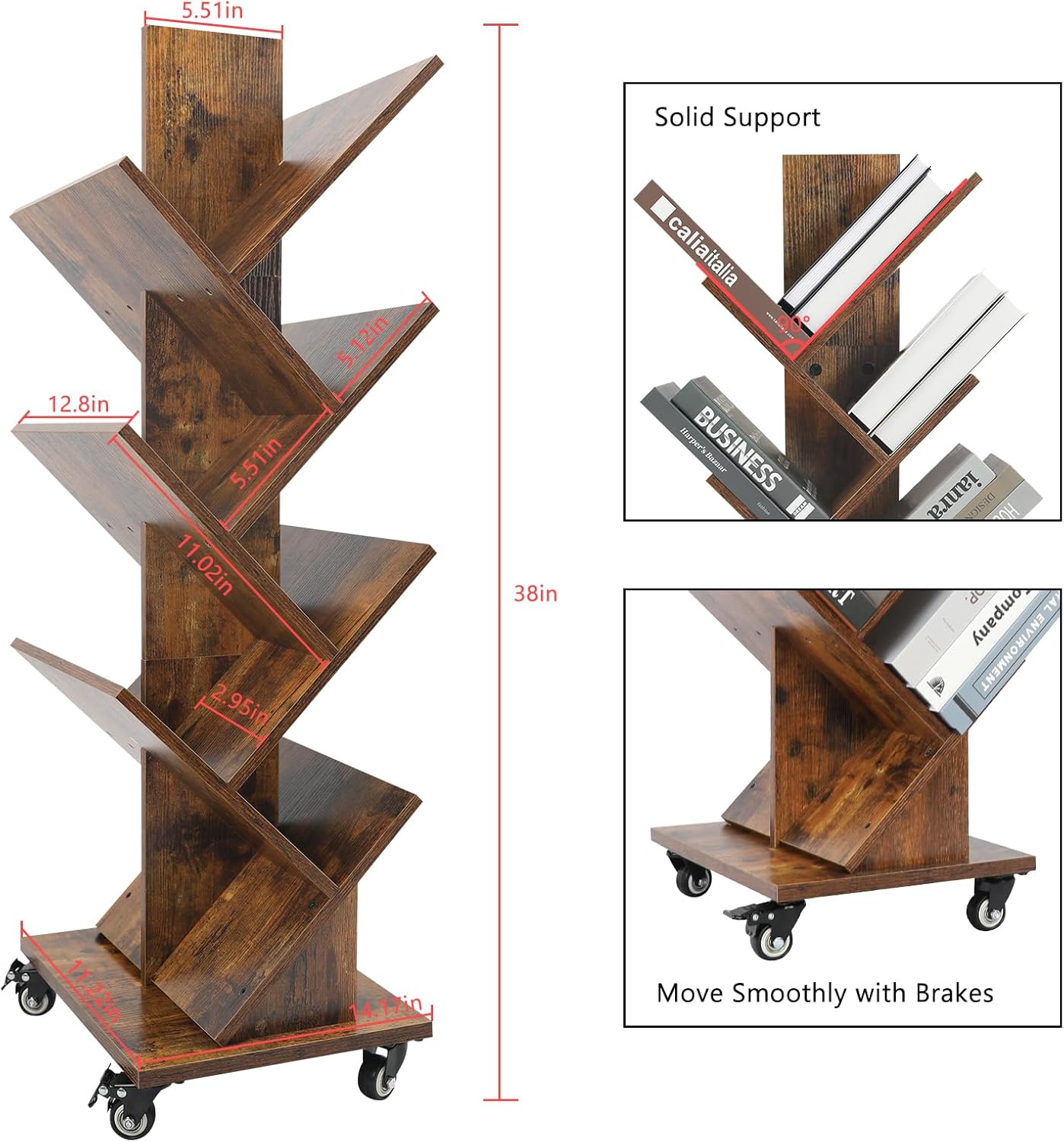 Homaterial Rotating Tree Bookshelf - 360°Space-Saving Bookcase, 7 Tiers Bookshelf Aesthetic Storage for Small Spaces, Study Rooms, & Home Office Brown