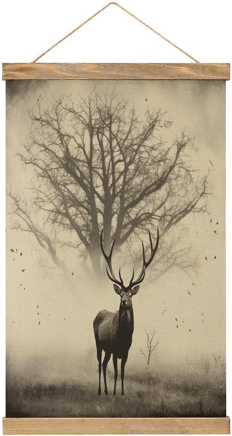 Vintage Abstract Tree Elk Picture Poster with Wooden Frame Personalized Linen Hanging Scroll Painting Rustic Wall Hanging Illustrative Modern Artwork Decor for Home Living Room Bedroom Office