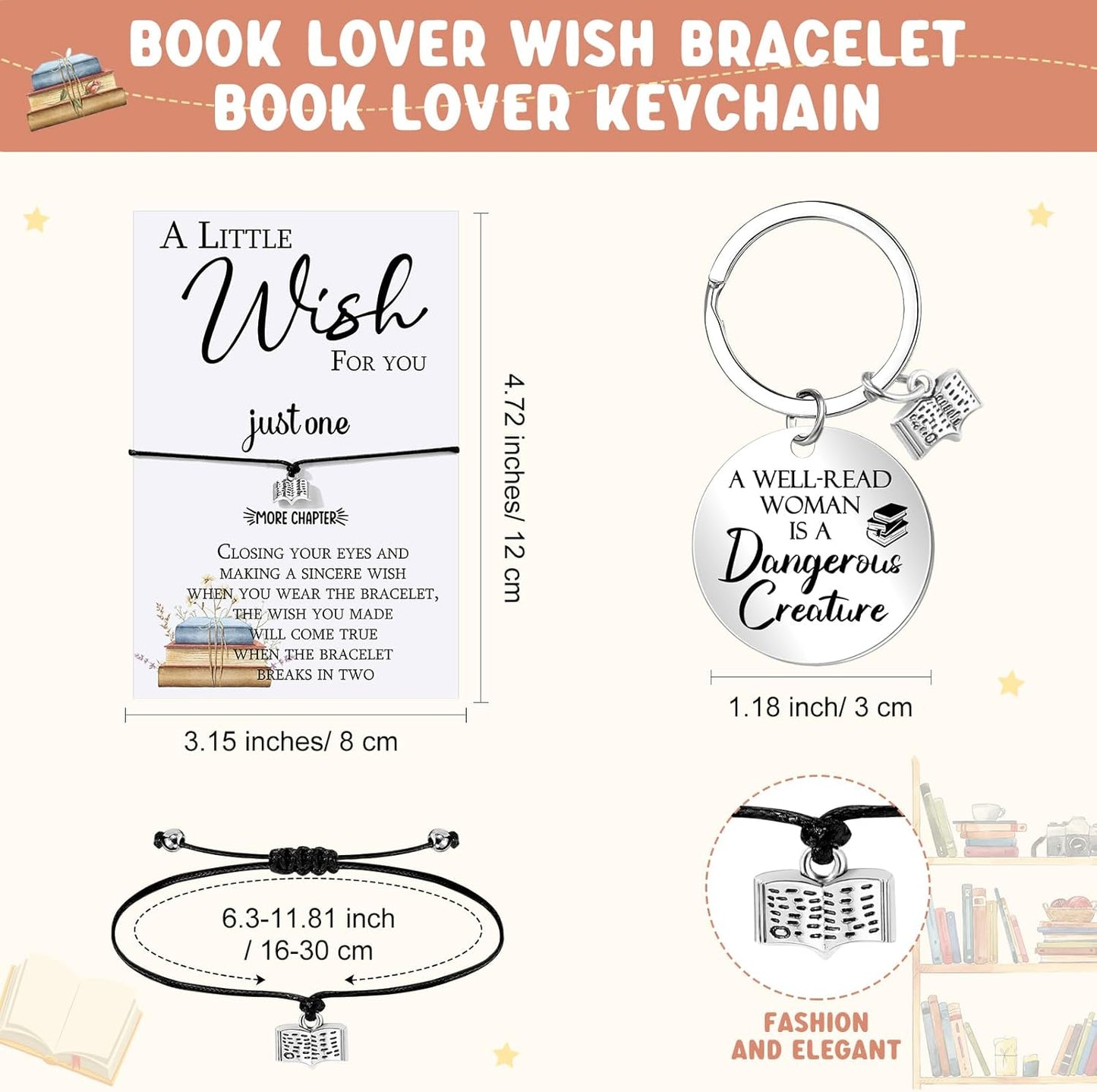 Sweetude 4 Pcs Book Lovers Gifts Sets Include Book Tote Bag, Bookworm Bracelet with Wish Card, Canvas Makeup Bag, and Bookish Keychain for Women Readers Books Lover Gifts