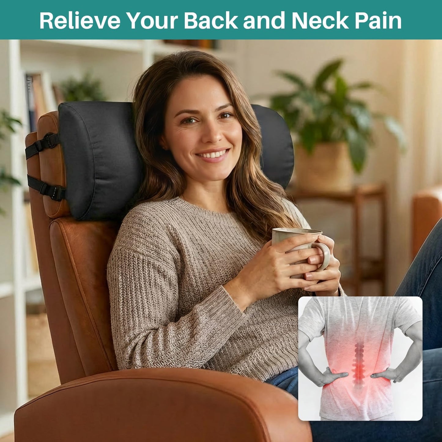 Neck Pillow for Recliner, Non-Slip Recliner Headrest Pillow with Adjustable Strap, Leather Neck Support Chair Headrest Cushion for Office, Couch, Car, Travel, Airplane, Pain Relief(Dark Gray)