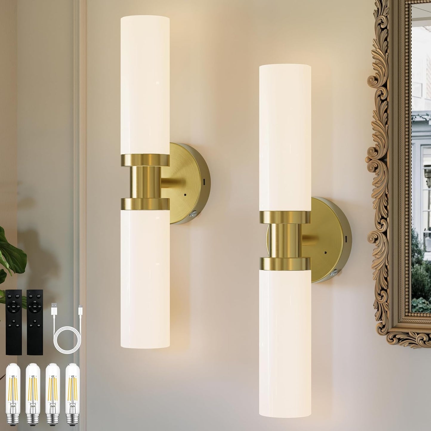 Rechargeable Battery Operated Wall Sconce Set of 2, 8000mAh Cordless Wall Lights with Dimmable, Timer Function, 3000K Warm White, Easy Install for Living Room, Bedroom, Gold Finish, Bulbs Included