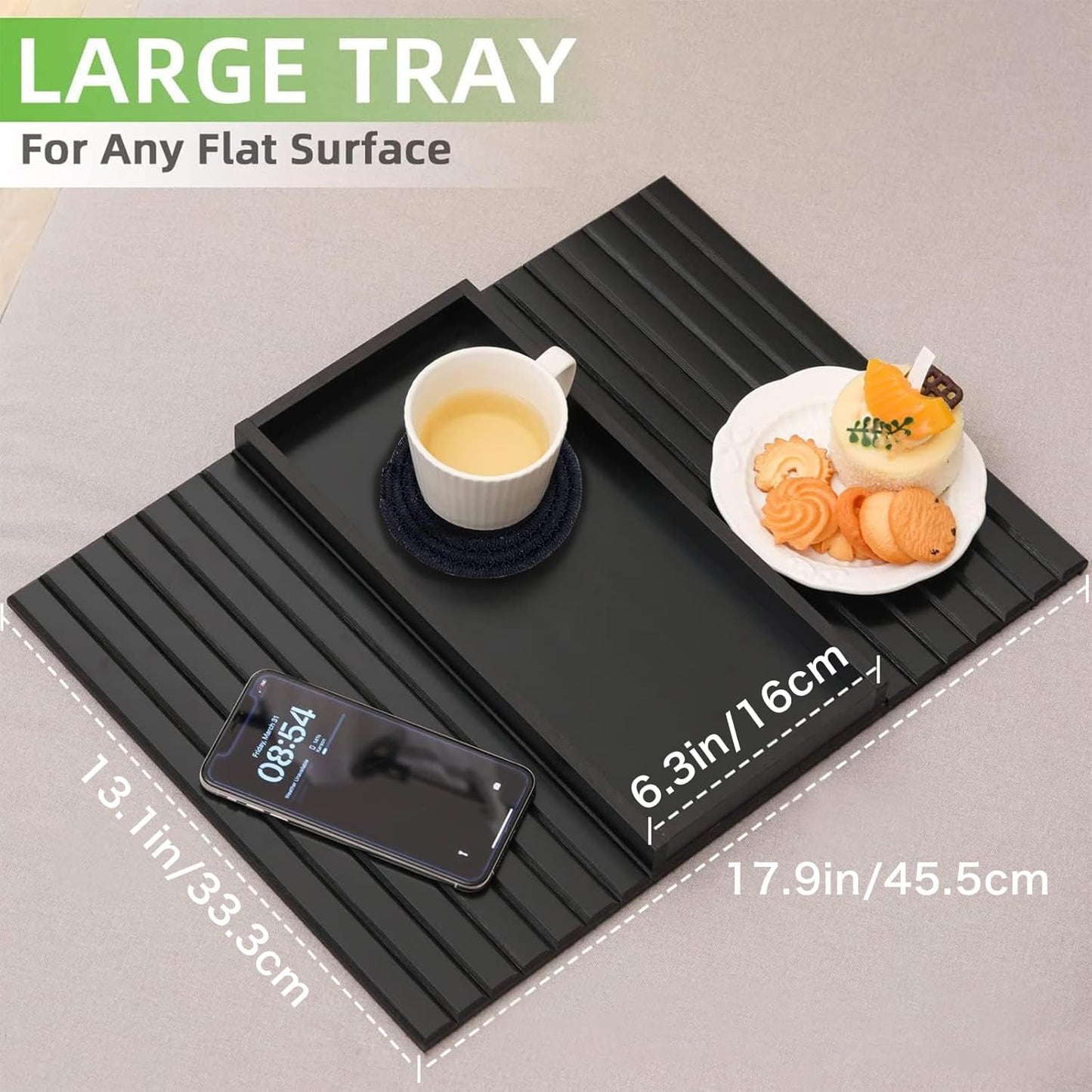 LESSF Couch Armrest Table, Bamboo Couch Arm Tray Sofa Arm Tray with Cup Mats, Anti-Slip Arm Chair Table Trays Sofa Side Table Sofa Arm Table for Remote Control, Drinks, Snacks, Phone, Cups (Black)