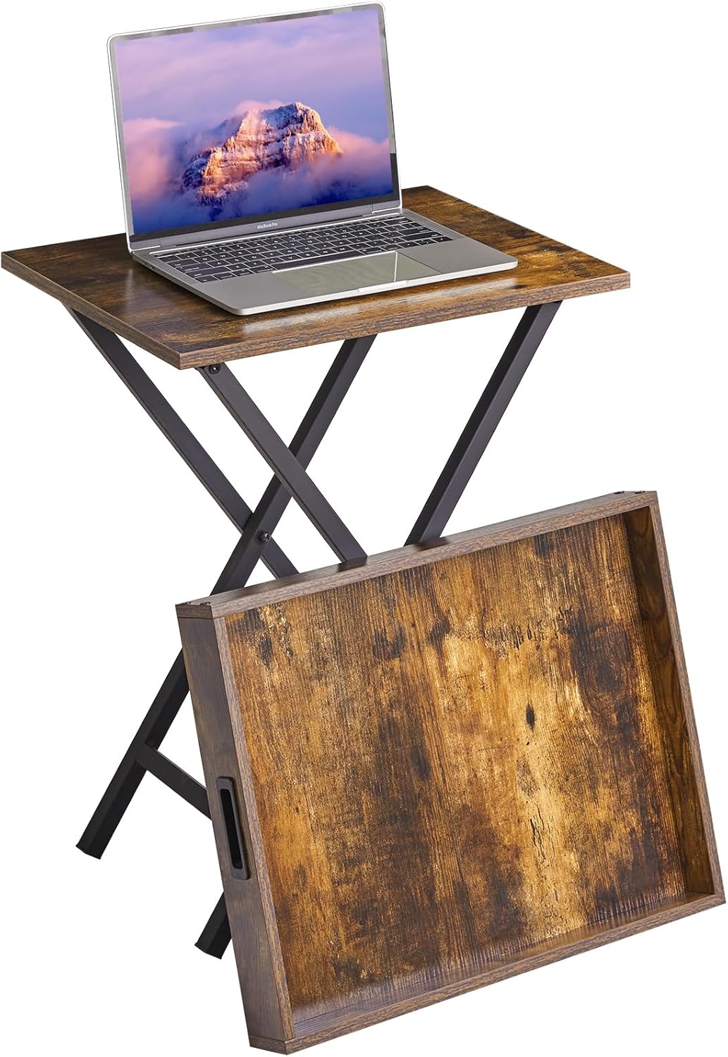 IBUYKE Foldable TV Tray Set of 2 TV,End Table with Removable Food Serving Tray,Portable Wooden Snack Table for Livingroom, Bedroom, Office, Camping,Rustic Brown, UTVT001H