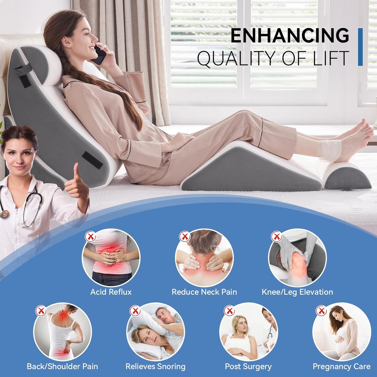 Wedge Pillow Set for After Surgery, 5 PCS Bed Wedge Pillow for Sleeping, Memory Foam Orthopedic Back Pillow for Pain Relief and Acid Reflux, Adjustable Post Surgery Pillow Grey
