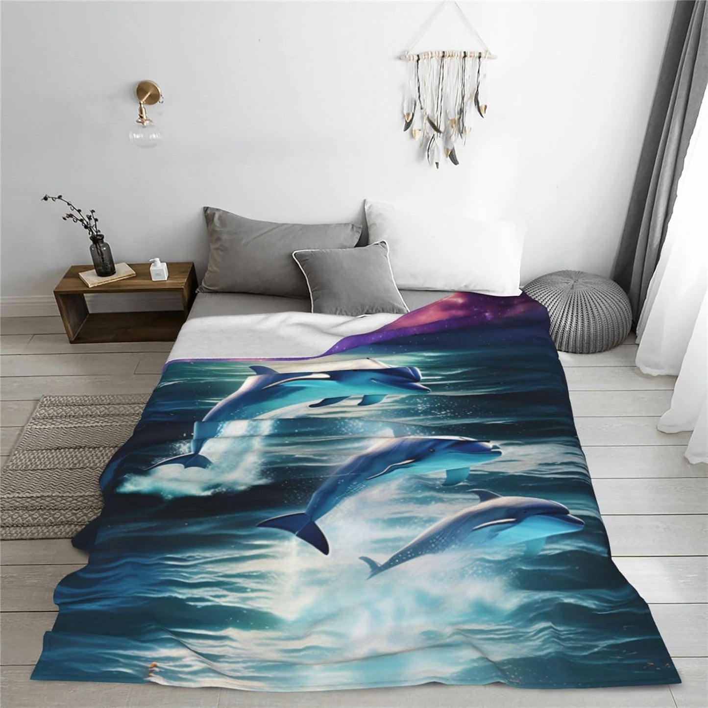 Dolphin Blanket for Kids Women Adults Dolphin Blanket Gifts 60" x 50" Flannel Dolphin Moon Ocean Throw Blanket for Bed Living Room Sofa Couch Soft Warm Lightweight Cozy Dolphin Decor