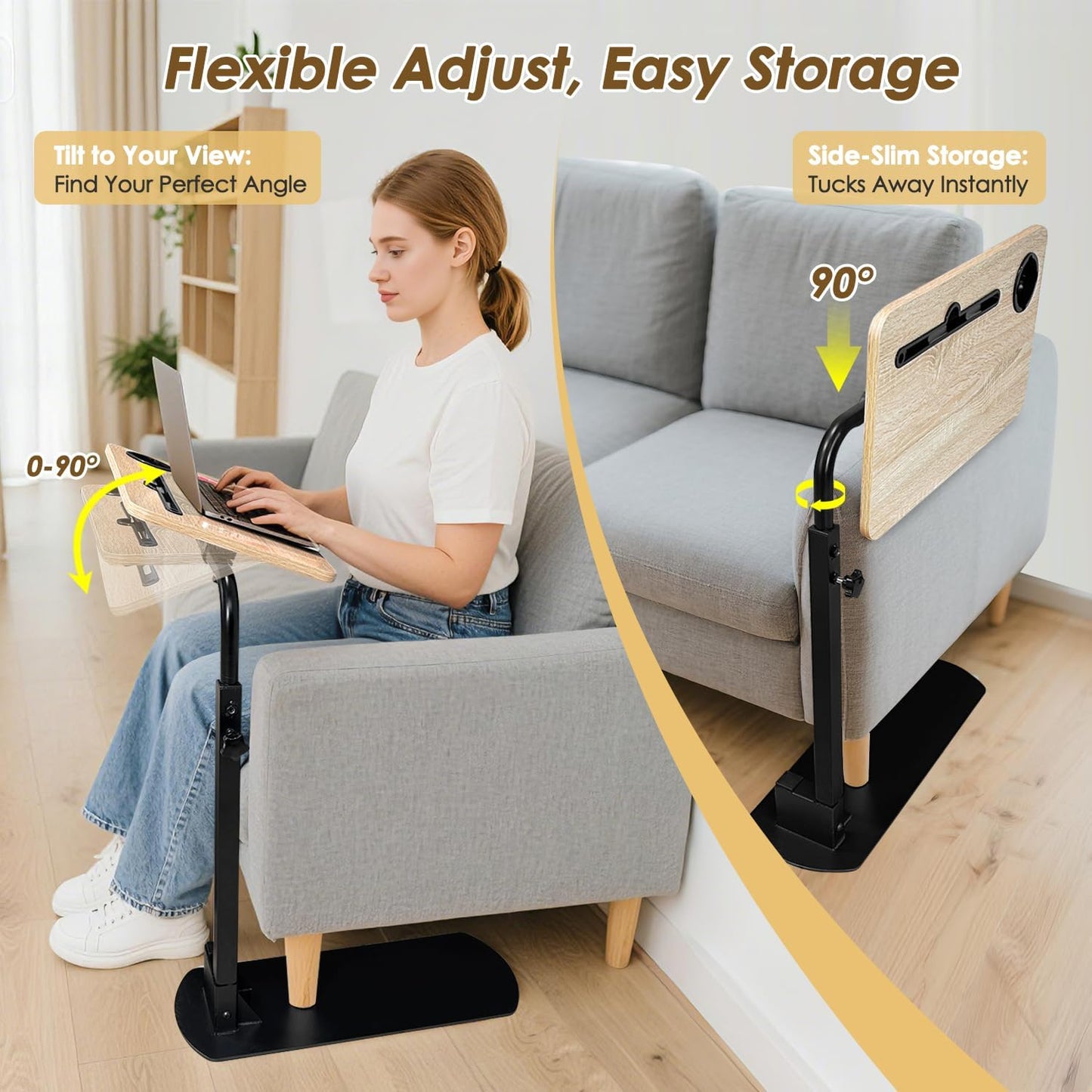 NEPPT Swivel Tray Table for Recliner, 360° Rotating TV Trays for Eating On Couch & Chairs, Adjustable Height Laptop Desk, Independent Living Aid Side Table for Seniors & Elderly with Limited Mobility