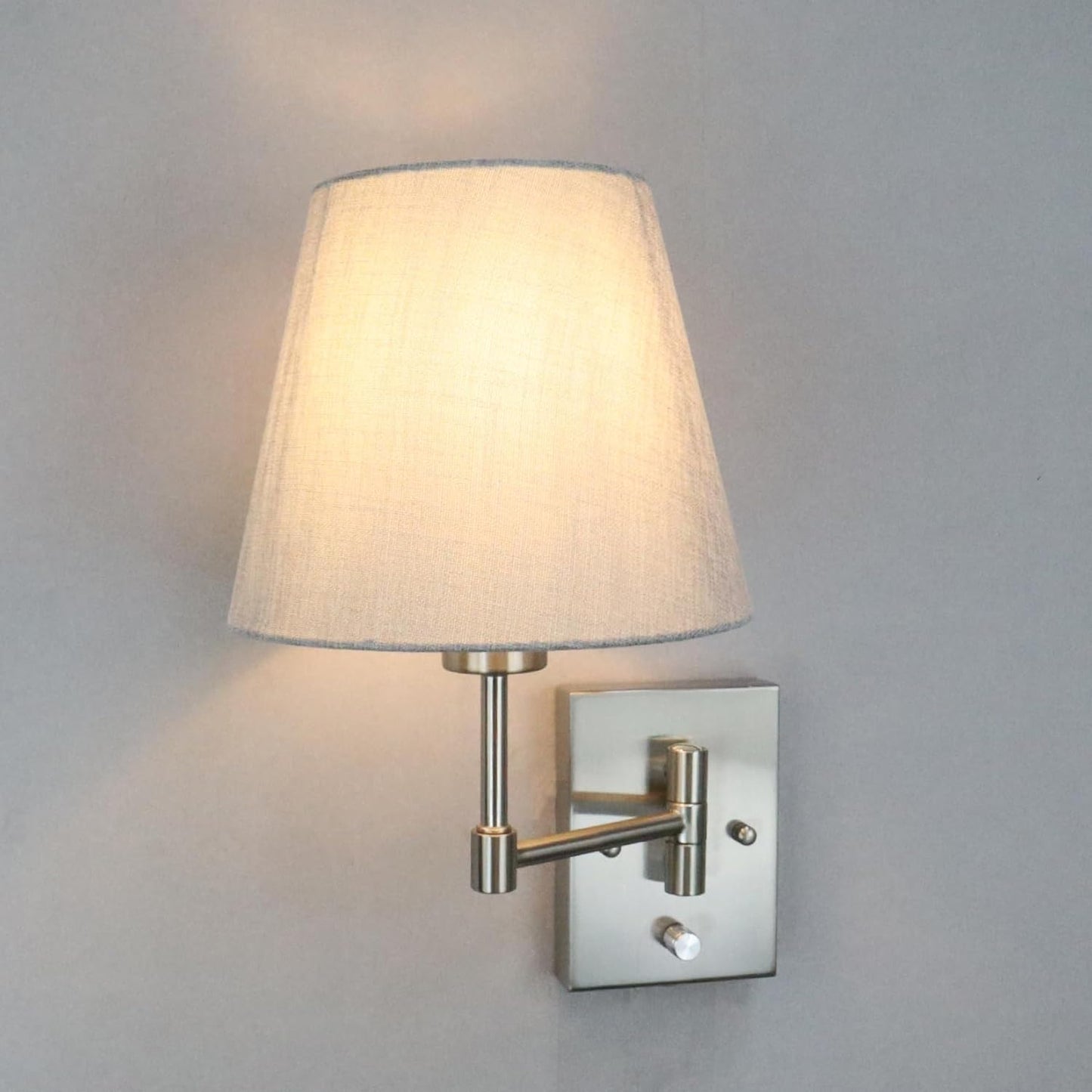 SAMTEEN Swing Arm Wall Sconces Set of Two Plug in Wall Lamp with Grey Fabric Shade and On Off Switch Wall Light for Bedside Living Room Hallway, Brushed Nickel Finish