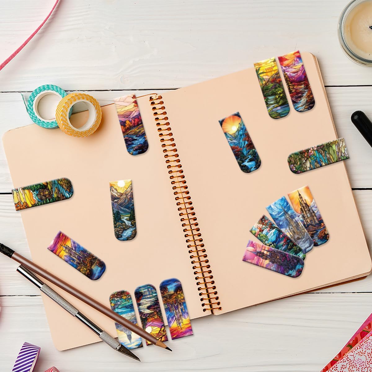 Fantasy Stained Glass Magnetic Bookmarks Gift, 30 Pcs Magnet Book Mark Clips for Women Men, Double-Sided Aesthetic Bookmarks for Reading, Planner, Journal, Fantasy Gifts
