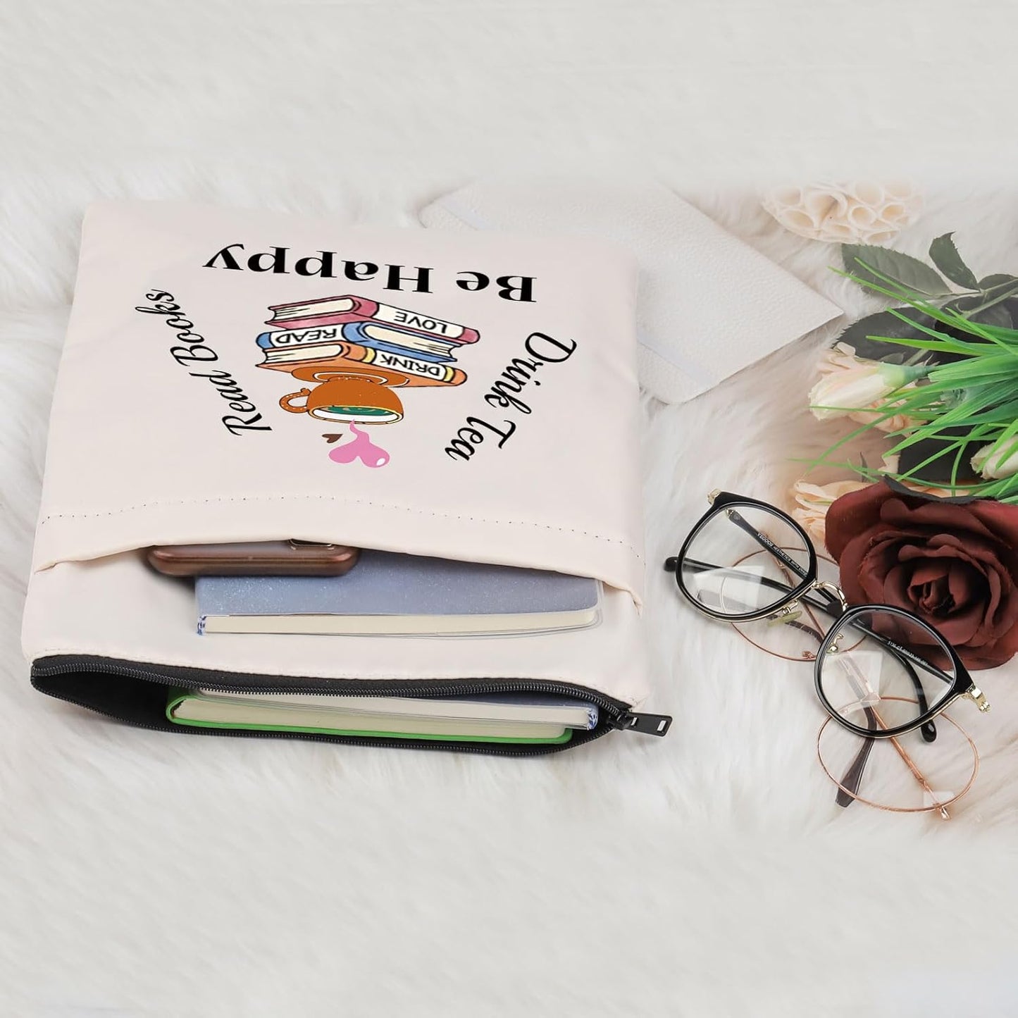FEELMEM Bookworm Gift Drink Tea Read Books Be Happy Book Sleeve with Zipper Tea Lovers Book Pouch
