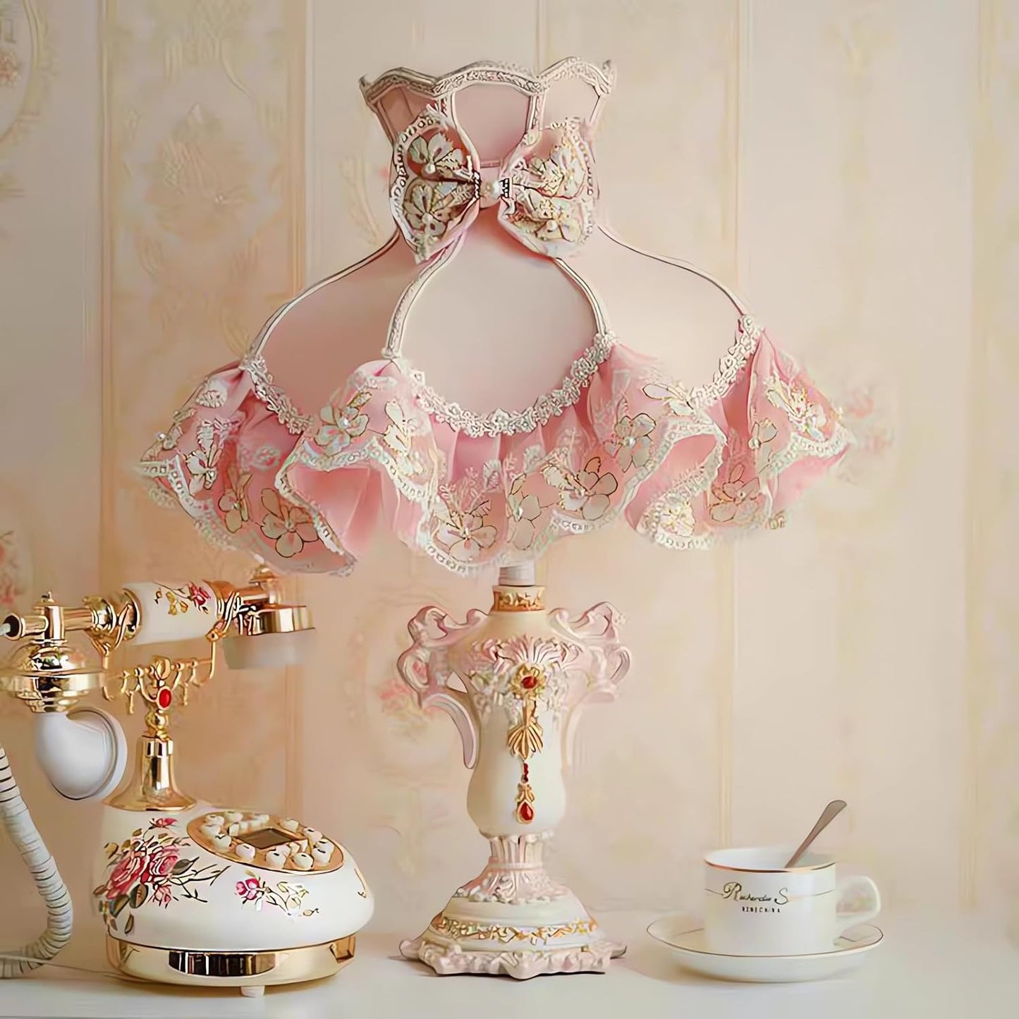 European Princess Pink Table Lamp with Fabric Shade, Resin Carved Base Bedside Nightstand Light, Vintage Romantic Bedroom Nursery Study Vanity Living Room Wedding Decor Lighting