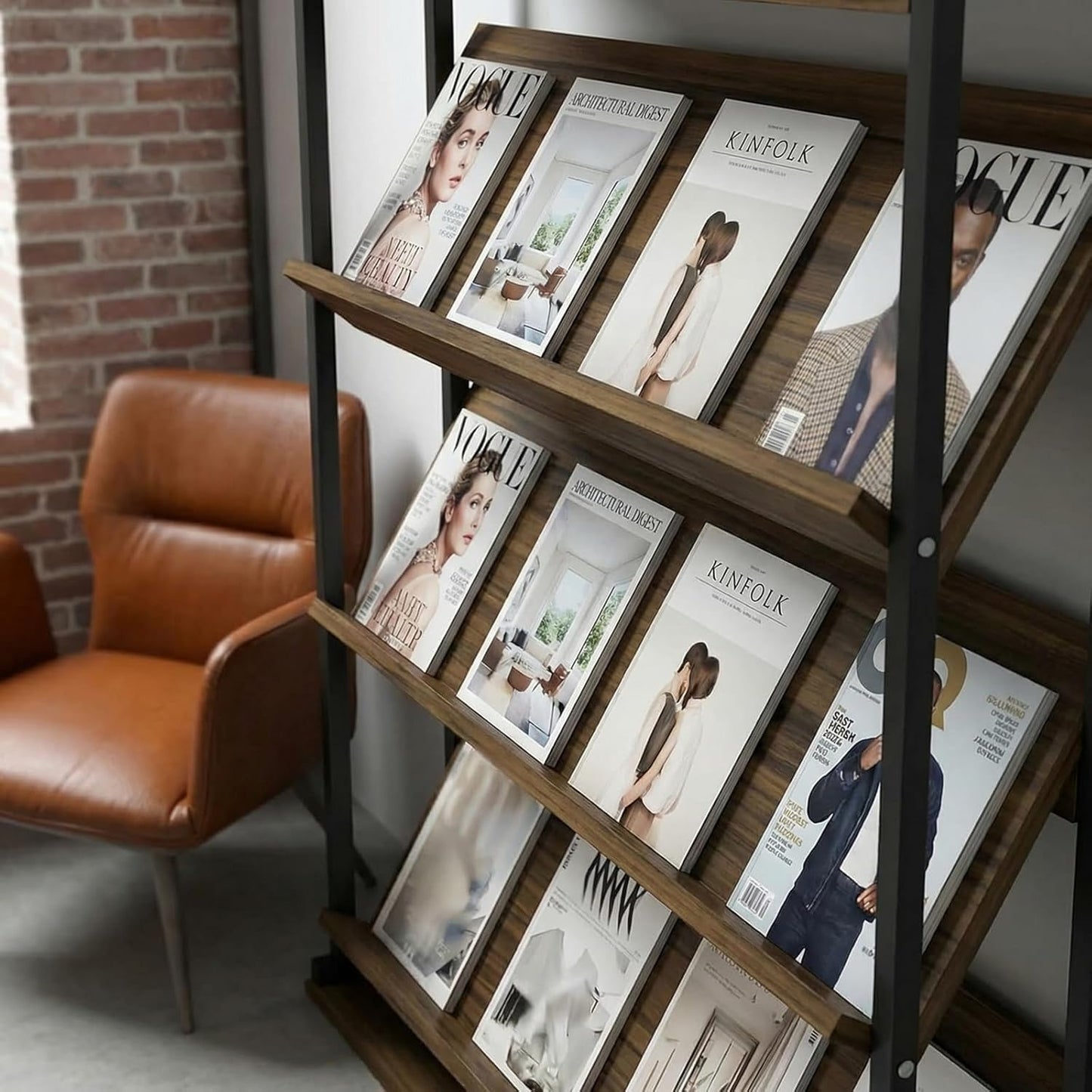 Industrial Magazine Rack,Floor-Standing Brochure Display Stand with Carbon Steel Frame, Wooden Literature Organizer for Office, Waiting Room, Retail Store(39.3"*11.8"*65", Natural Wood)
