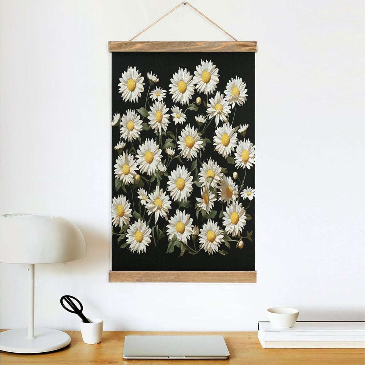 Vintage Daisy Poster with Wooden Frame Personalized Linen Hanging Scroll Painting Rustic Wall Hanging Illustrative Modern Artwork Decor for Home Living Room Bedroom Office