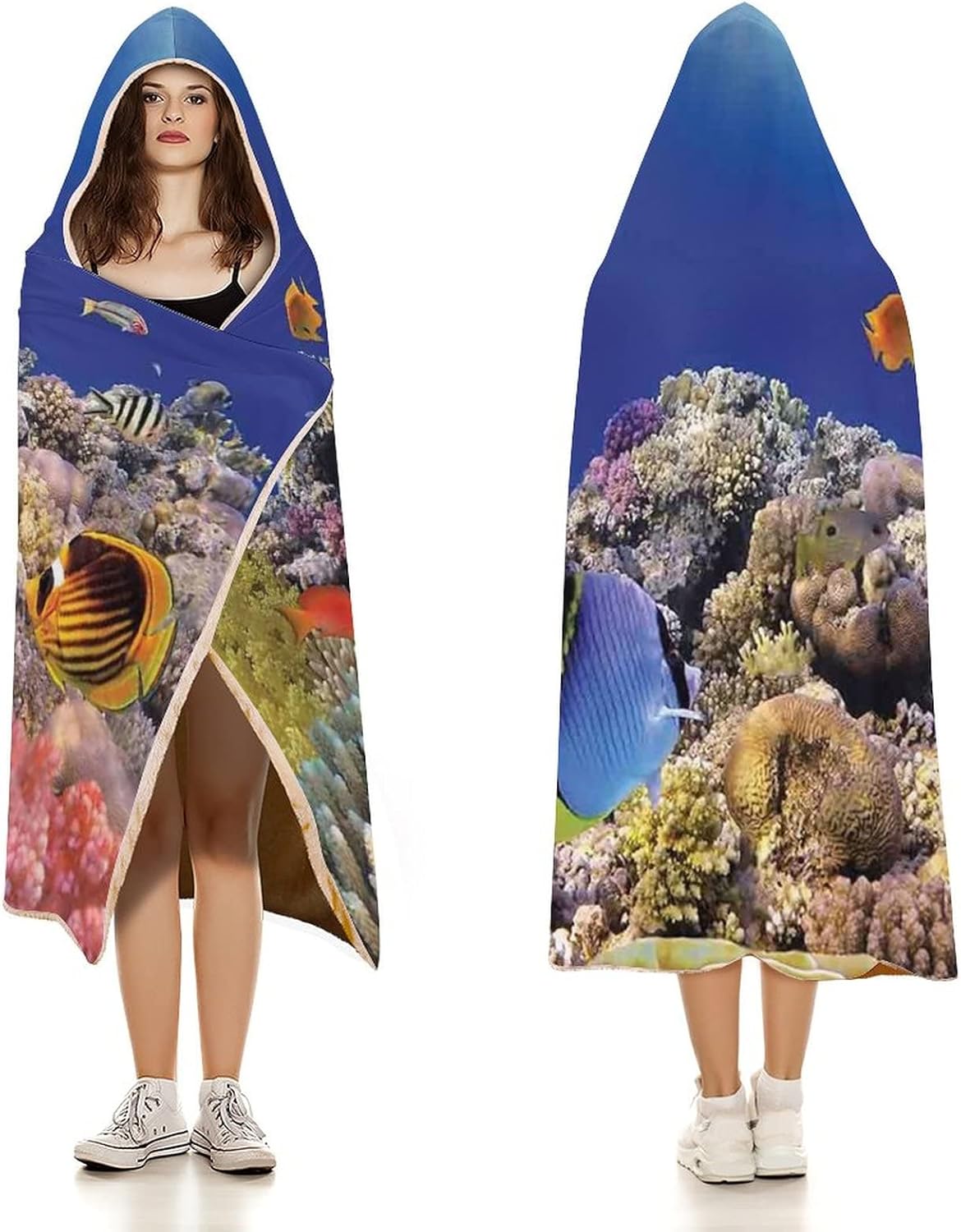 Throw Blankets, Ocean Wearable Hooded Blanket for Adults, Wild Sea Life Colorful Ancient Coral Reefs Exotic, Soft Warm Cozy, 40 x 50inches, Studying Reading Snuggling Napping Office