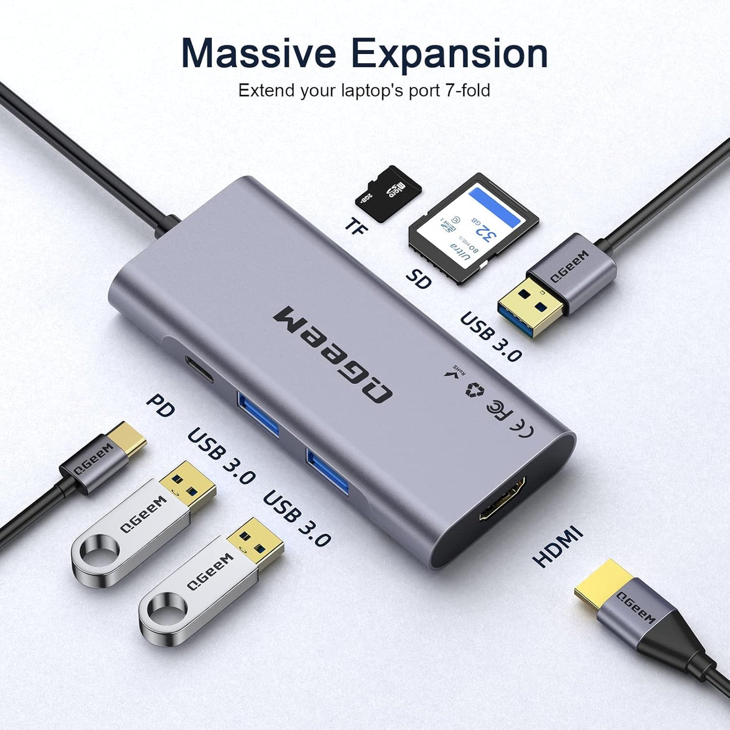 USB C Hub, QGeeM USB 4k to HDMI Adapter, 7 in 1 USB-C Dongle with 100W PD,USB 3.0, Card Reader, Compatible for MacBook iPhone 15/17 Ipad Pro max,Chromebook Laptop USB Type C Dock-Grey