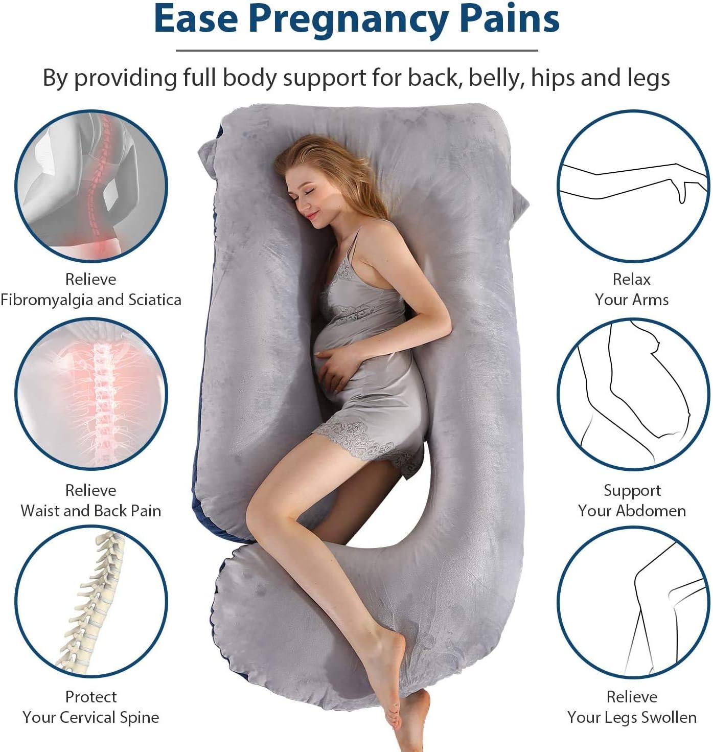 Elover Pregnancy Must Haves Pregnancy Pillow U-Shaped Full Body Maternity Support Pillow for Pregnant Women with Replaceable and Washable Velvet Cover Size 57" (Blue-Grey, Velvet)
