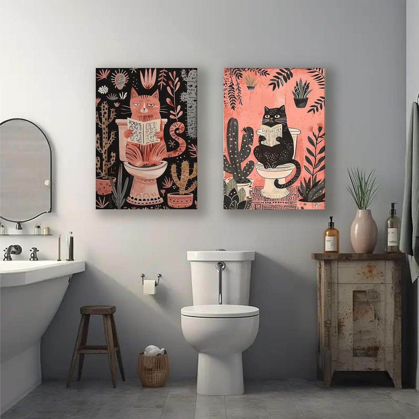 2Pcs Funny Cat Bathroom Wall Art Pink Cute Pets Canvas Wall Decor Cat Reading Newspaper On The Toilet Posters Picture Cactus Prints Animals Plants Trendy Painting for Bathroom Decoration 12x16in