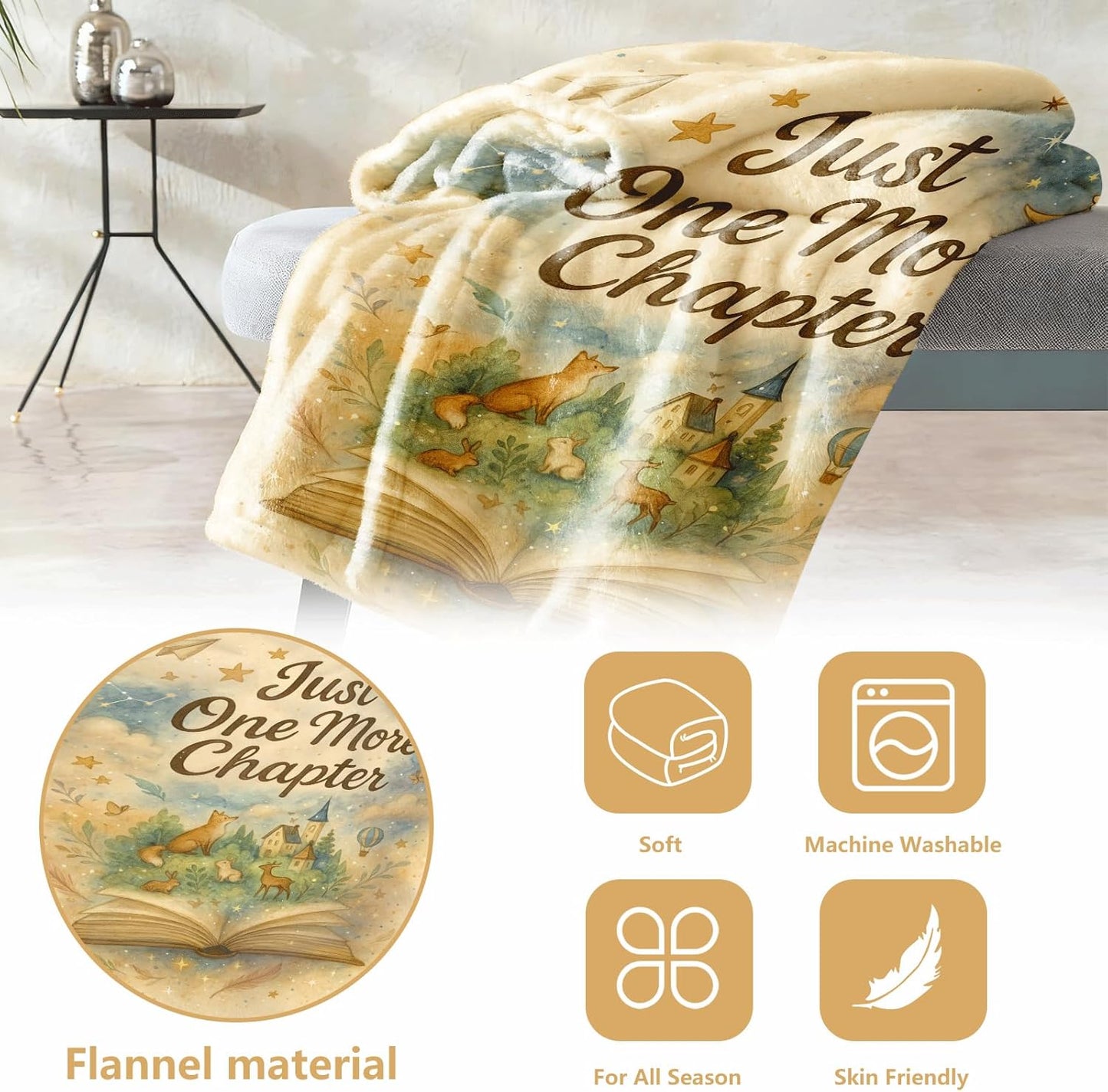 Book Blanket for Readers, 60x50 Flannel Fleece Reading Throw – Chapter-Themed Watercolor, Moon and Stars, Woodland Animals – Cozy Gift for Book Lovers, Couch Sofa Bed