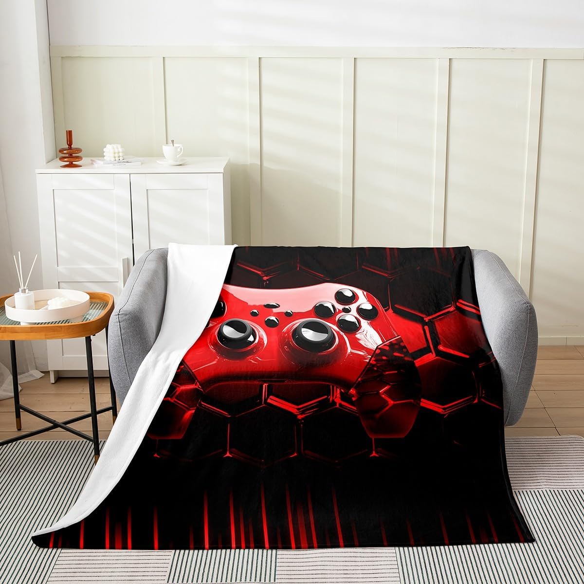 Erosebridal Kids Gamer Blanket Twin 60x80 for Boys,Gaming Throw Blanket for Girls Kids,Cool Video Game Black Flannel Blanket,Red Geometric Honeycomb Sherpa Blanket All Season Gamepad for Chairs