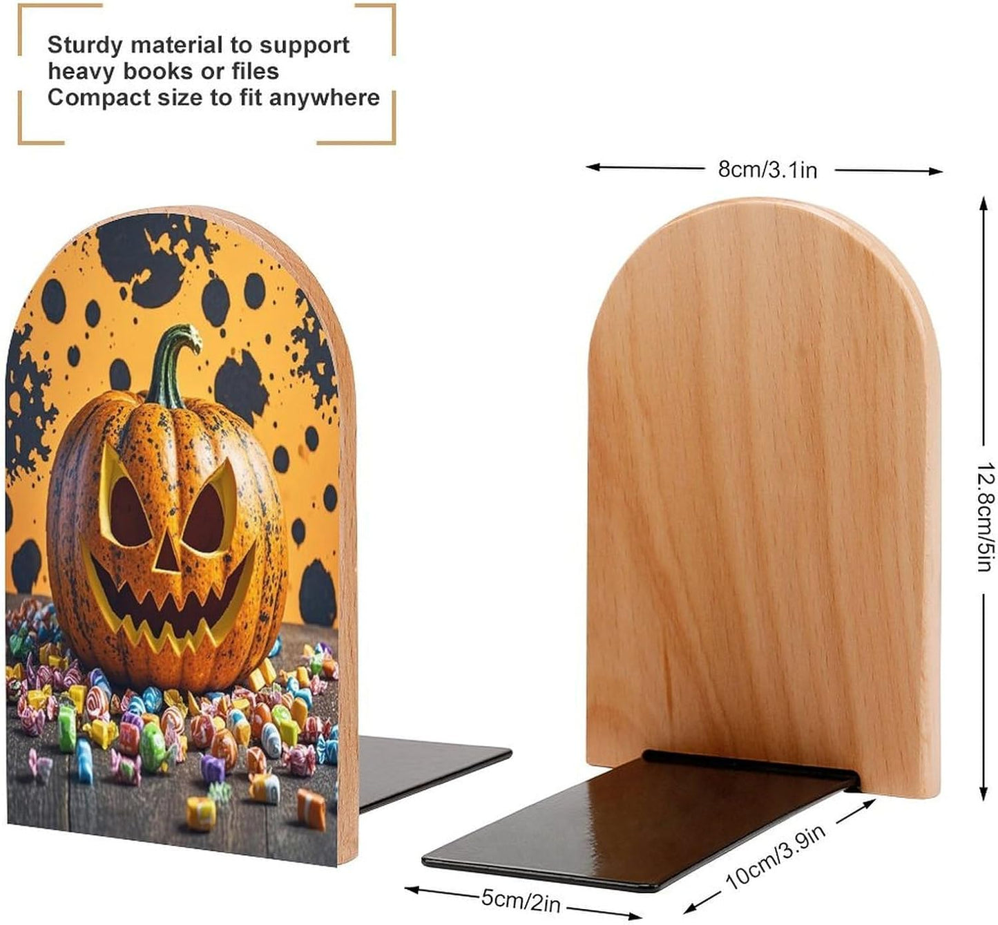 Pumpkins and Candies Bookends 1 Pair Heavy Duty Book Ends for Shelves Non-Skid Bookend Supports Wooden Book Holders with Metal Base Desk Organizers Books Storage to Hold Books