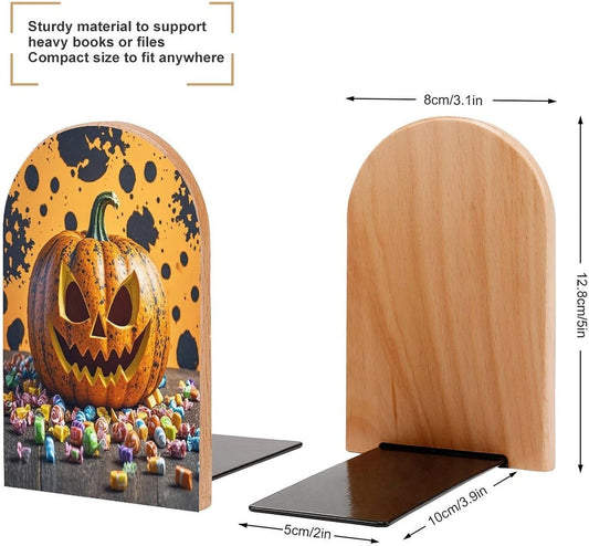 Pumpkins and Candies Bookends 1 Pair Heavy Duty Book Ends for Shelves Non-Skid Bookend Supports Wooden Book Holders with Metal Base Desk Organizers Books Storage to Hold Books