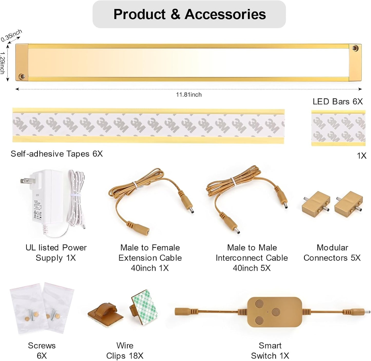 6pack 12inch Dimmable LED Under Cabinet Light Kit, 2700K to 6000K Smart LED Under Counter Lighting Fixture, Compatible with Alexa, Google Assistant, for Kitchen, Pantry, Shelf (Gold)