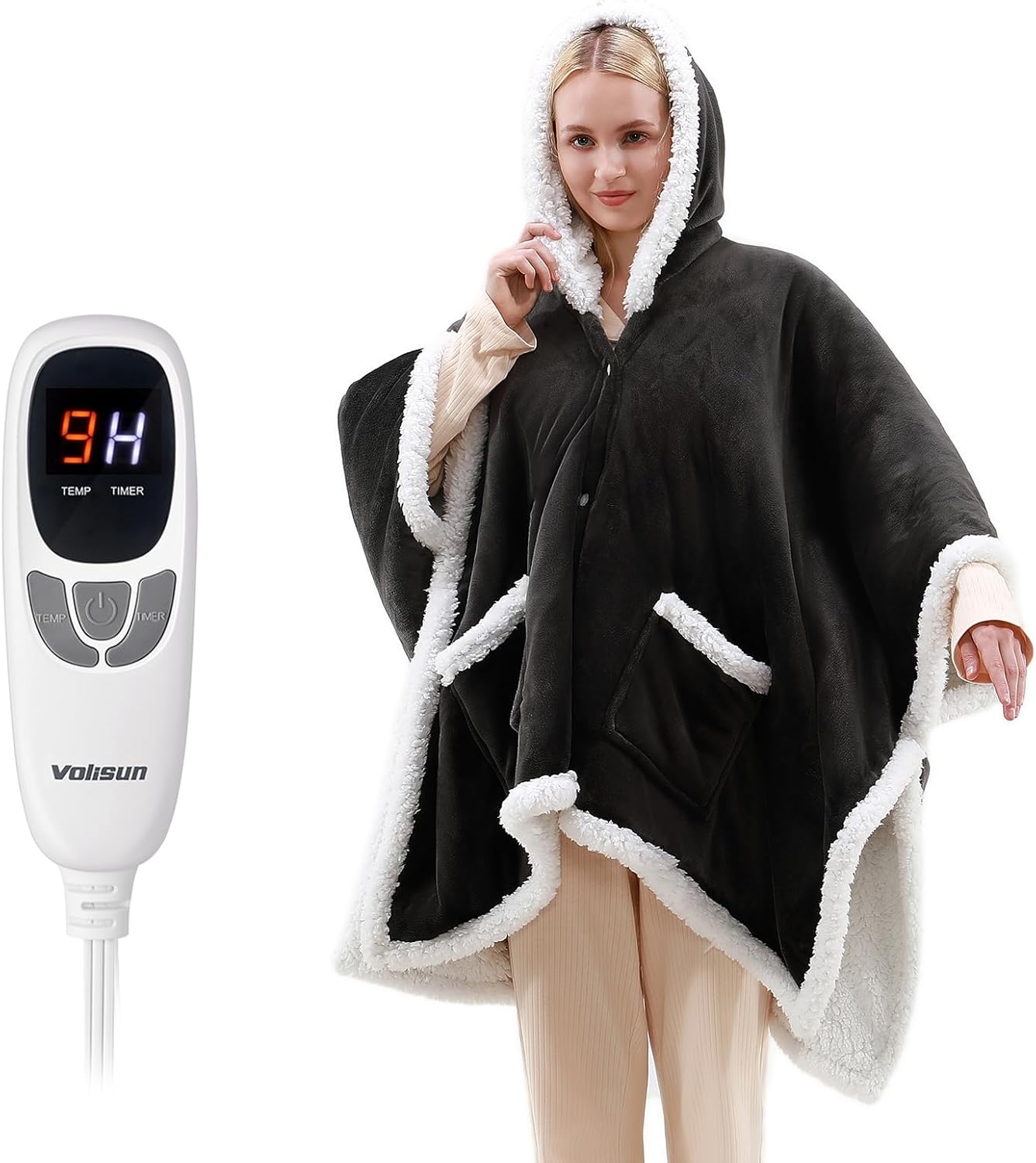 VOLISUN Wearable Heated Throw Blanket Electric Shawl,Heated Wrap Poncho Robes Hoodie for Adult,Birthday Christmas Gifts for Mom Women Grandma,9 Heating Levels & 1-10 Hours Time Settings,Grey