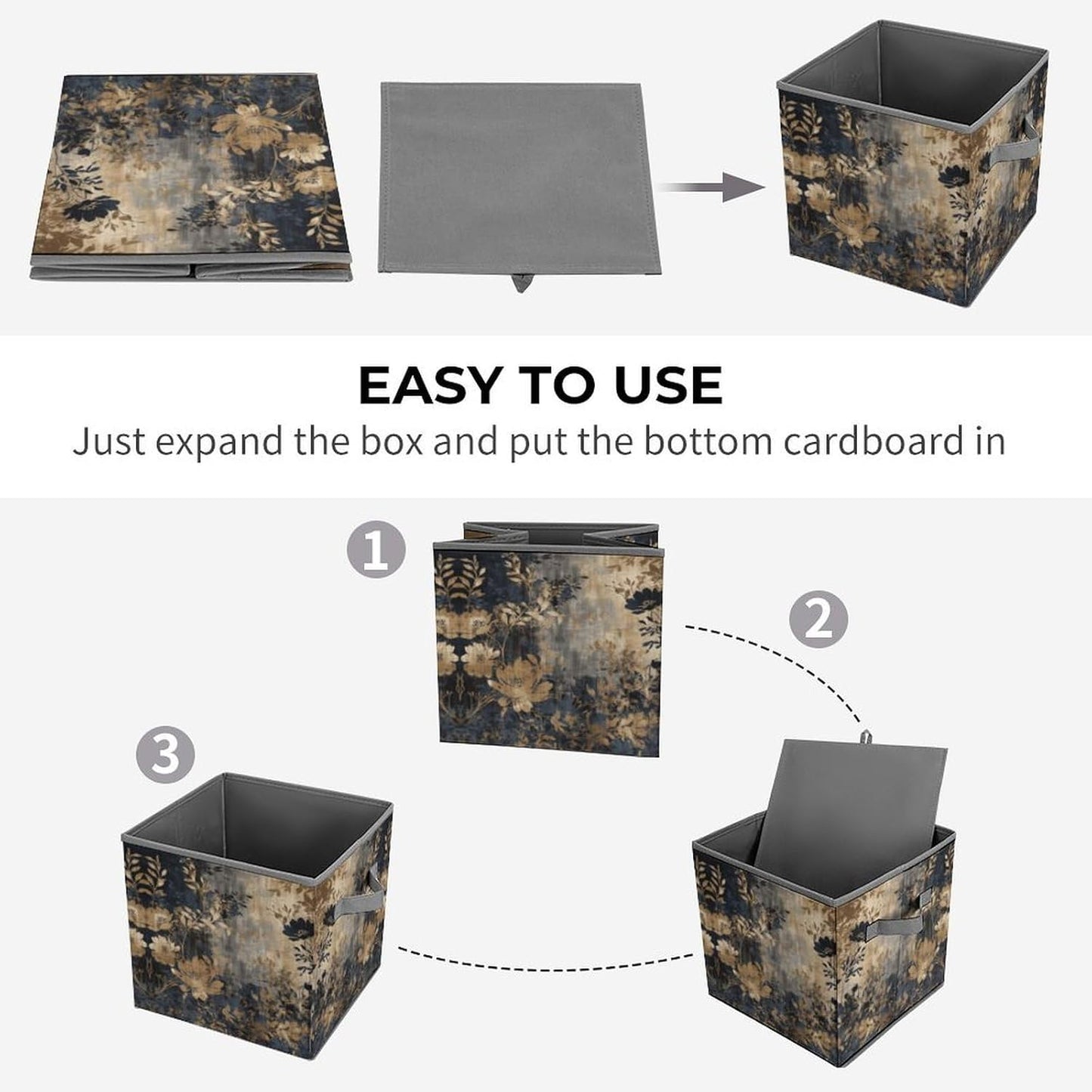 Gold And Black Flowers Storage Bins with Handles Fashion Large Storage Cubes Sturdy Foldable Storage Boxes Space-Saving Storage Baskets for Home Office Clothes Closet Organizers