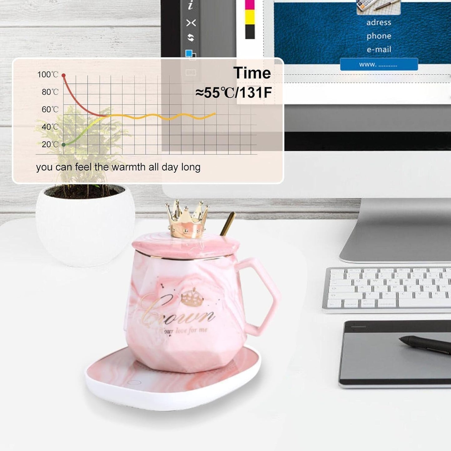 Coffee Mug Wamer, Beverage Warmer,Lovely ins Coffee Cup with Warmer Set, Auto On/Off Gravity-Induction Coffee Tea Water Milk Warmer with Mug for Office Home Use (Pink)