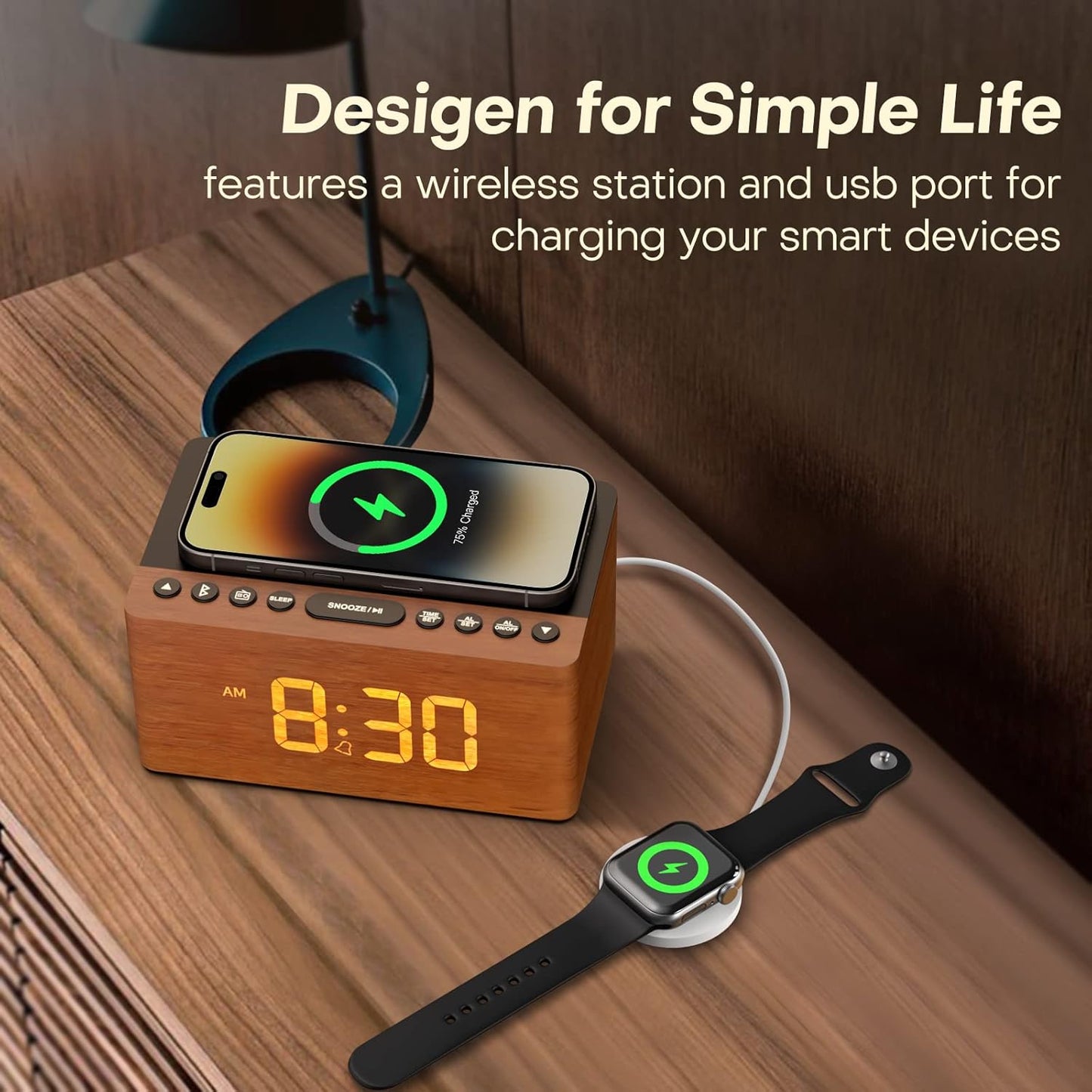 ANJANK Wooden Bluetooth Speaker, Alarm Clock with FM Radio, Qi Certified Fast Wireless Charging Station for iPhone/Samsung, USB Charger Port, Dimmable Display, Digital Wood Clock for Bedroom, Bedside