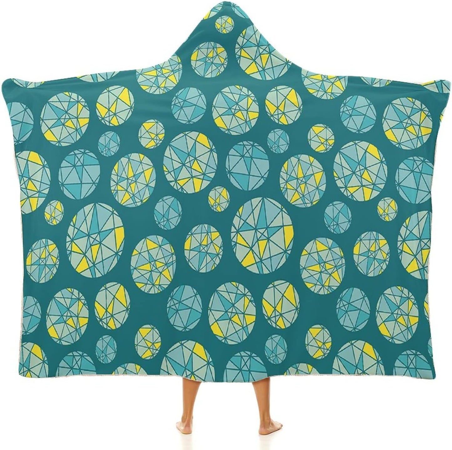Throw Blankets, Teal Women Men Hooded Blanket, Geometric Mosaic Circles with Triangles Hipster Artistic, Soft Warm Cozy, 40 x 50inches, Studying Reading Snuggling Napping Office, Teal Yellow