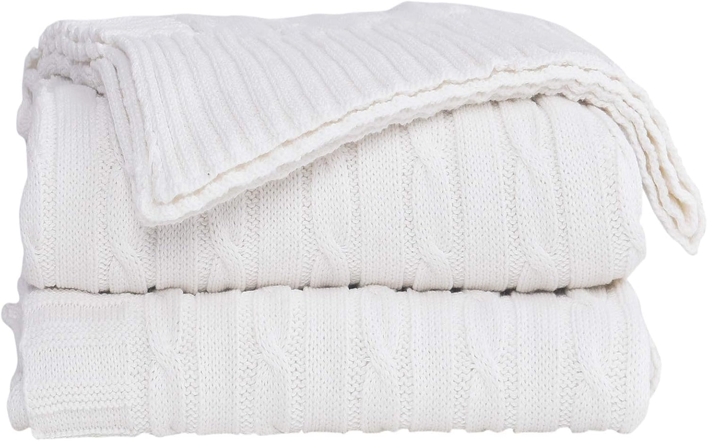 Cotton Cable Knit White Throw Blanket, Super Soft Warm Knitted Throw Blanket for Couch, Sofa, Chair, Bed - Extra Cozy, Machine Washable Comfortable Home Decor