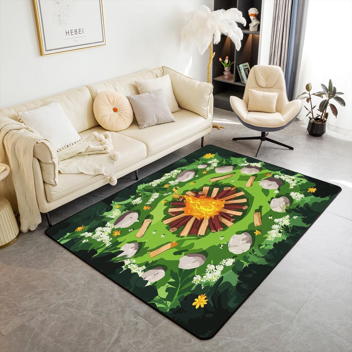 Castle Fairy Campfire Area Rug 3'x5',Cartoon Stones Green Tree Non Slip Rug for Kids Teen Boys Women Men,Camping Woodland Campsite Indoor Floor Mat for Dining Room Backyard Decor,Happy Camping