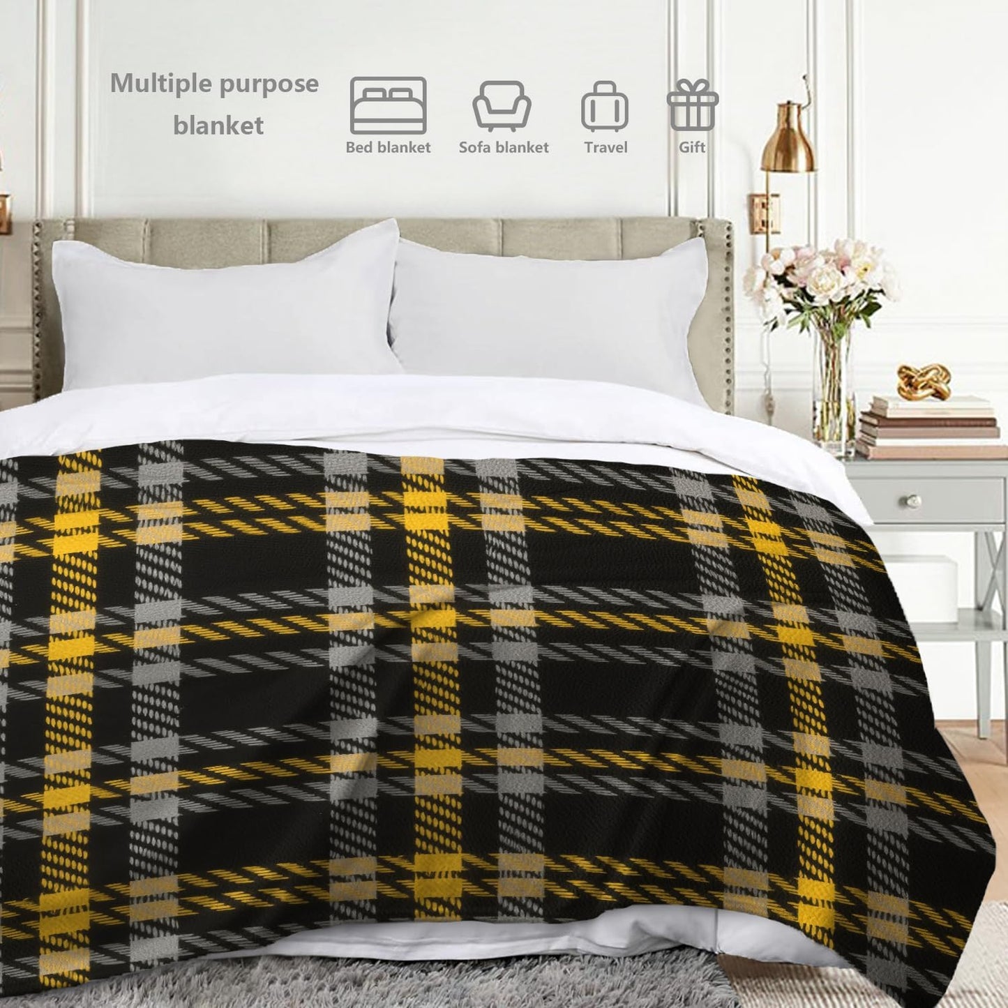 Batmerry Gray Brown Yellow Plaid Throw Blanket for Couch Sofa Bed,Houndstooth Checks in Grey Browns Super Soft Warm Fuzzy Plush Blankets Decor Lightweight Cozy Travel Camping Blanket 60 x 50 in
