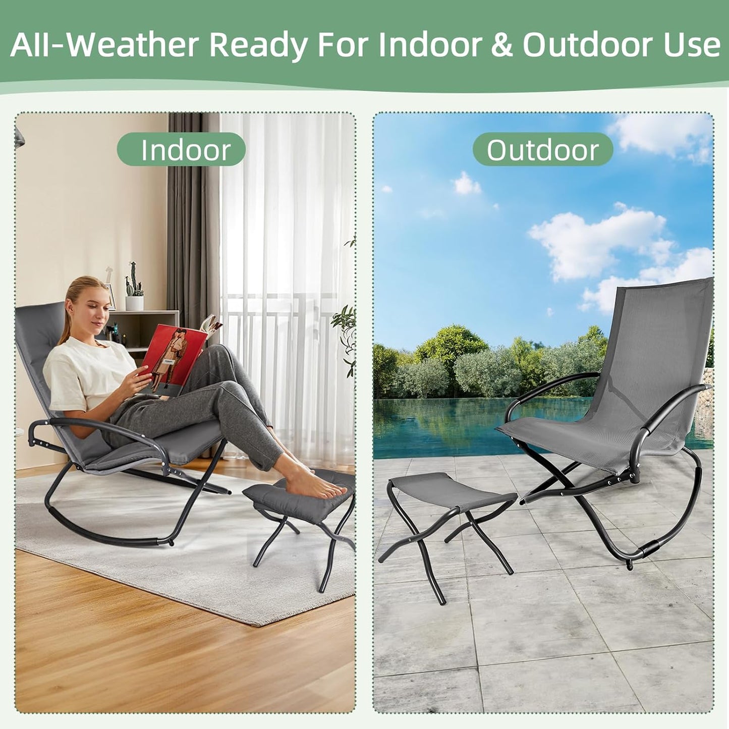 Rocking Folding Chair Comfy Recliner Chair with Puffy Cushion Suitable for Porch Deck, Garden, Patio Lounge Set, Gray，Weather Resistant Textilene Fabric Space-Saving 330lbs Capacity