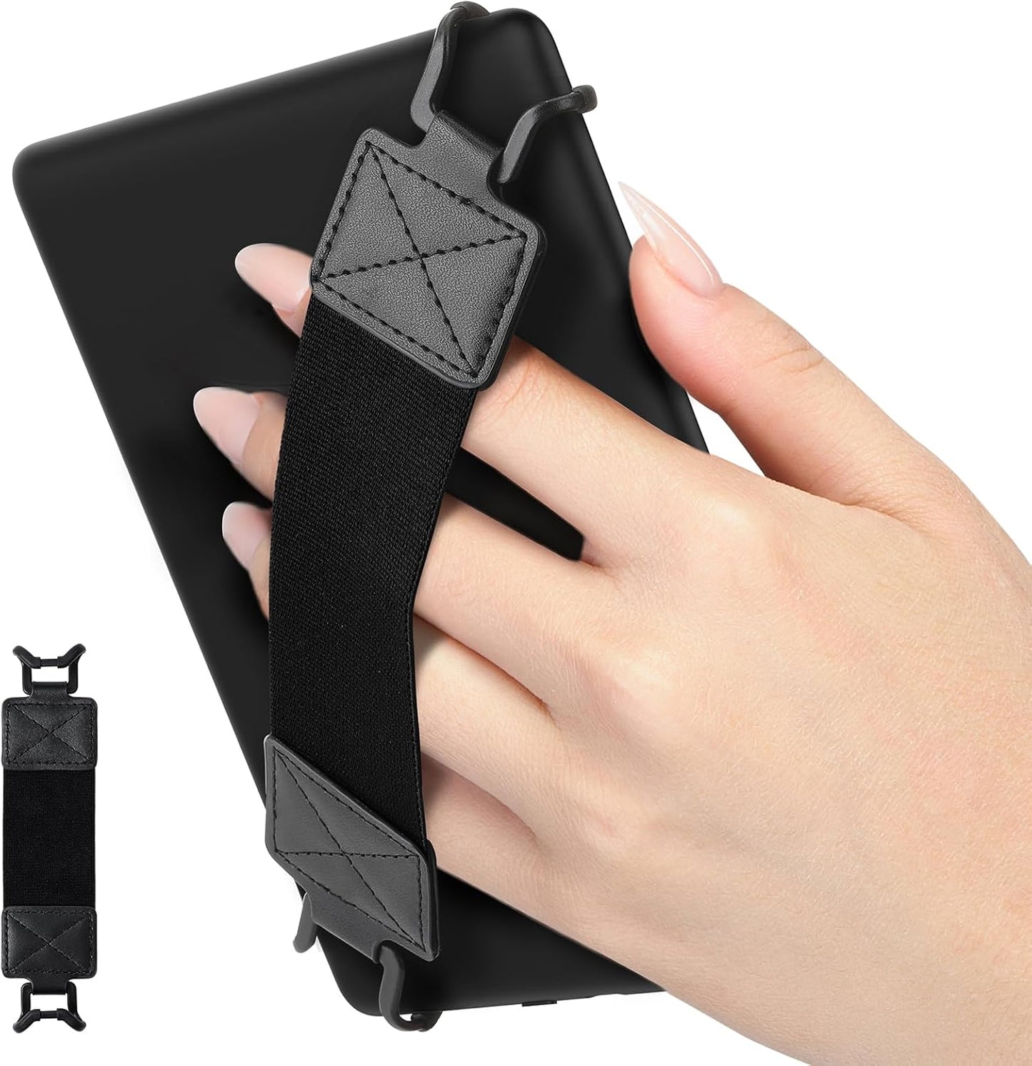 MoKo Security Hand-Strap for 6-8" Kindle eReaderFire Tablet, Kindle/Kobo/Voyaga/Lenovo/Sony Kindle E-Book Tablet, Lightweight Finger Grip Holder,Elastic Versatile Hand Strap, Black Belt, Black