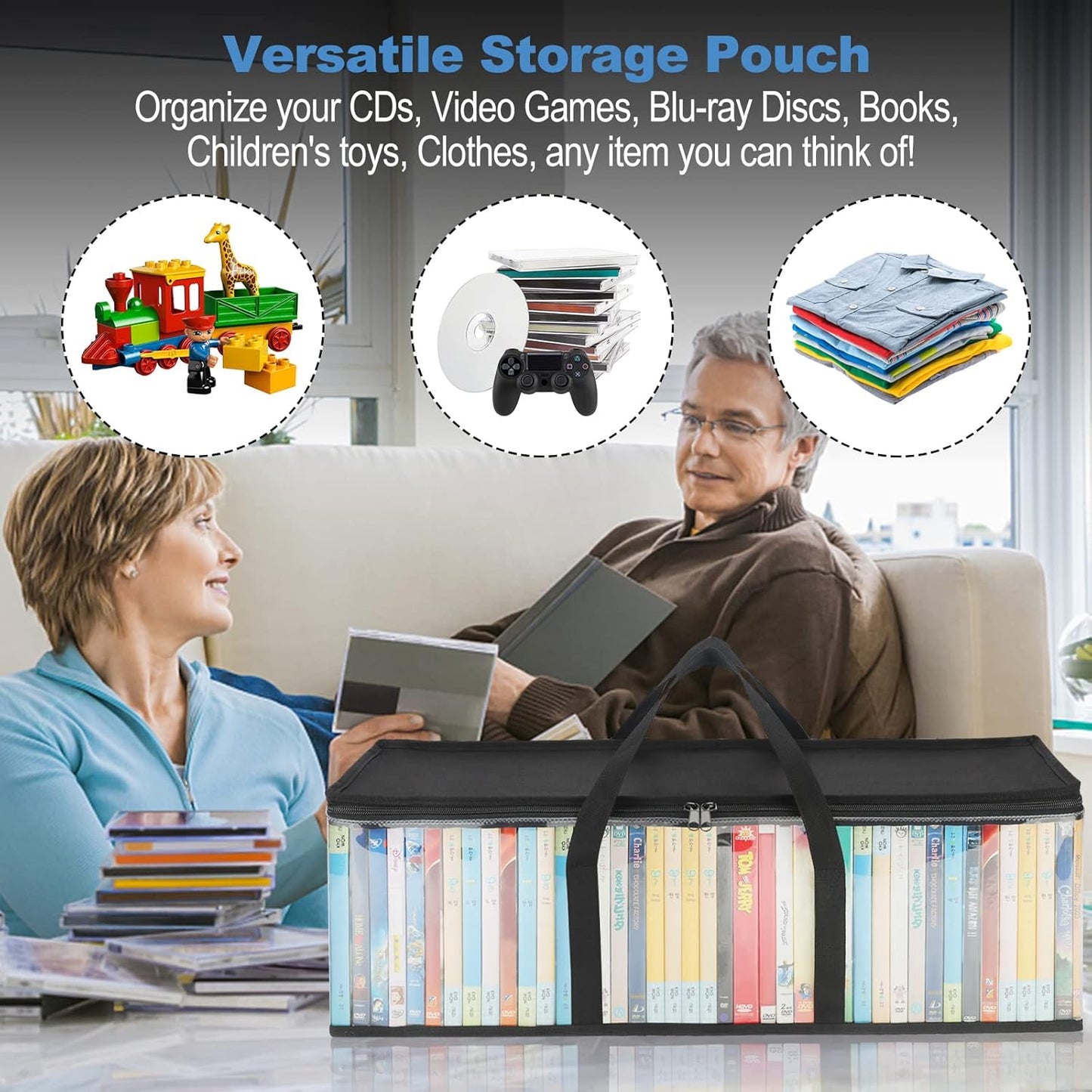CCidea DVD Storage Bags (Set of 2) Clear PVC Media Holder Case with Handles for DVDs/CDs/VHS Box/Blu Ray Disc/Movie Cases/Video Games Discs - Each Bag Holds up to 40 DVDs