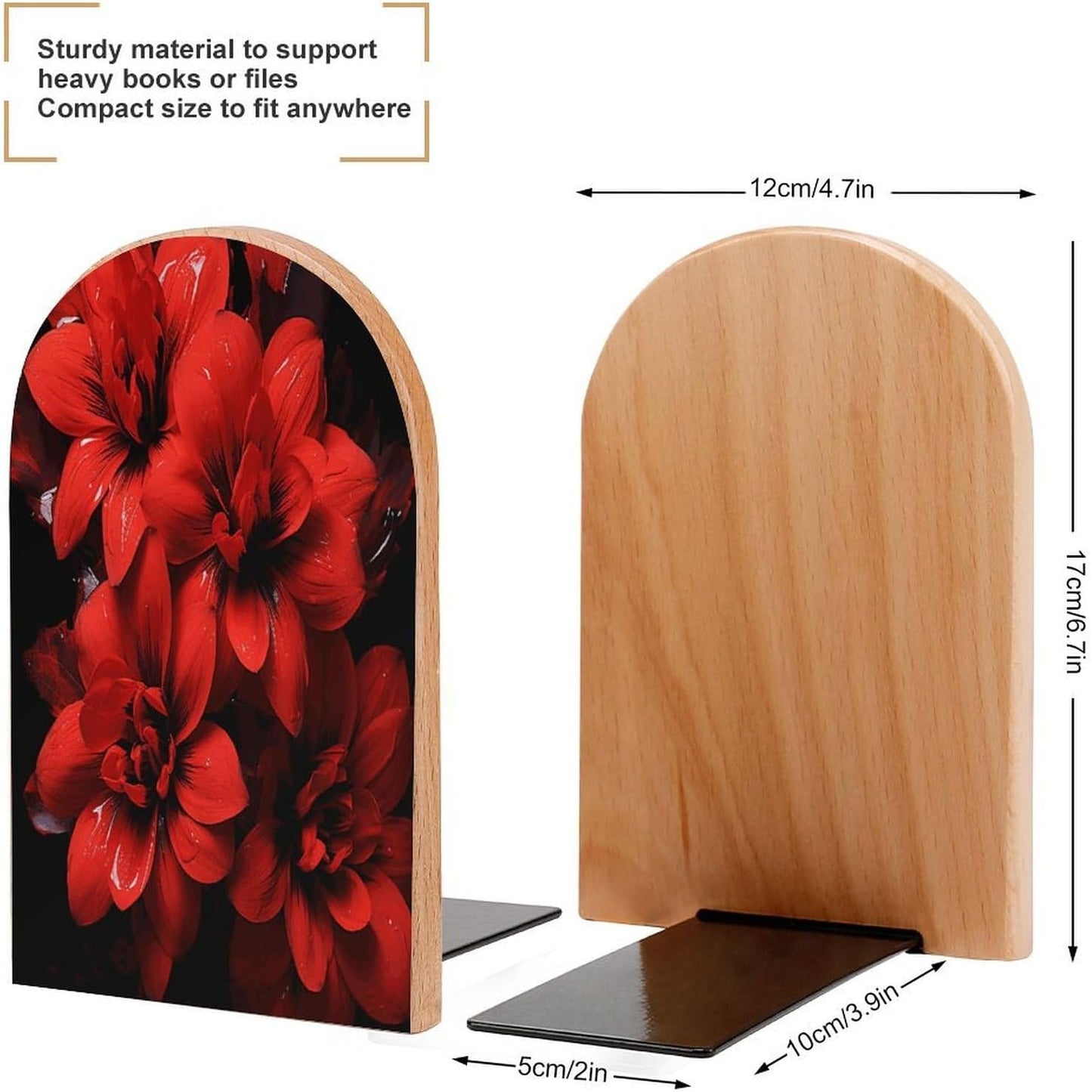 Red Flower on Black Wooden Bookend Non-Slip Book Ends Heavy Duty Book Stopper with Metal Base Books Holderd Decorative Bookends Stands Firmly for Office Supplies