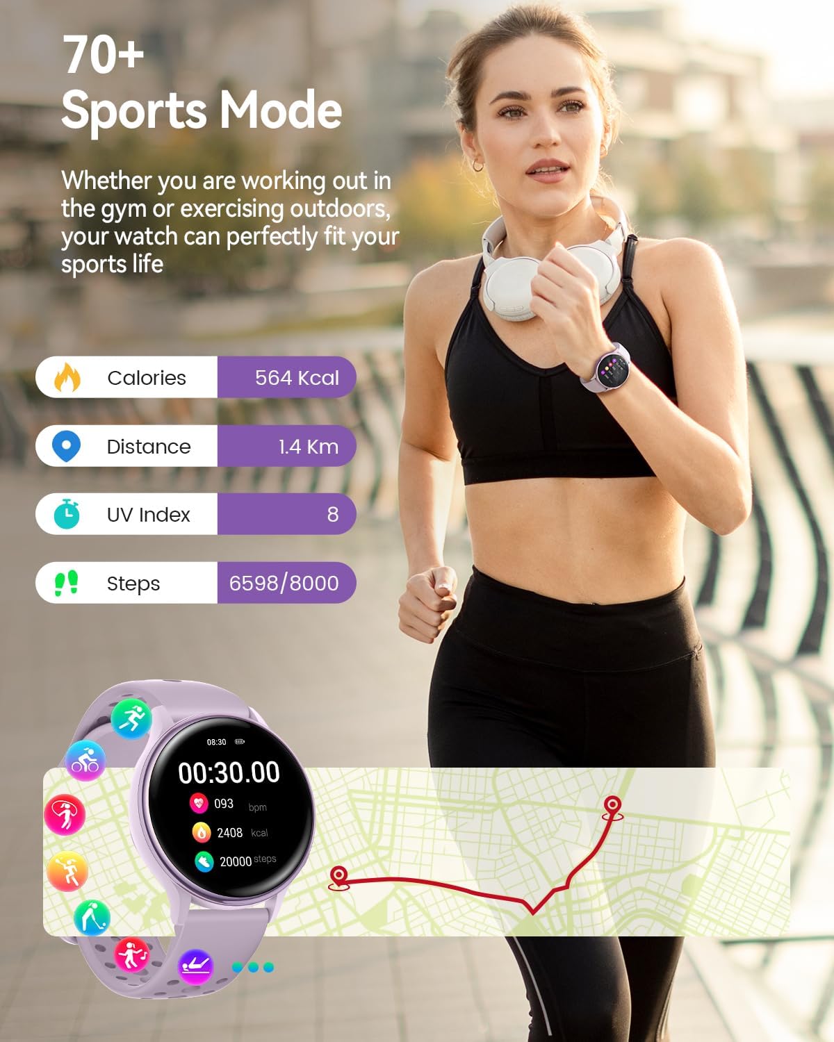 Smart Watches for Women(Answer/Make Calls), 1.27'' AMOLED Screen Activity Trackers with Heart Rate/Sleep/SpO2 Monitor, Smartwatch for iPhone/Samsung/Android,120+ Sport IP68 Fitness Watch 2Bands Purple