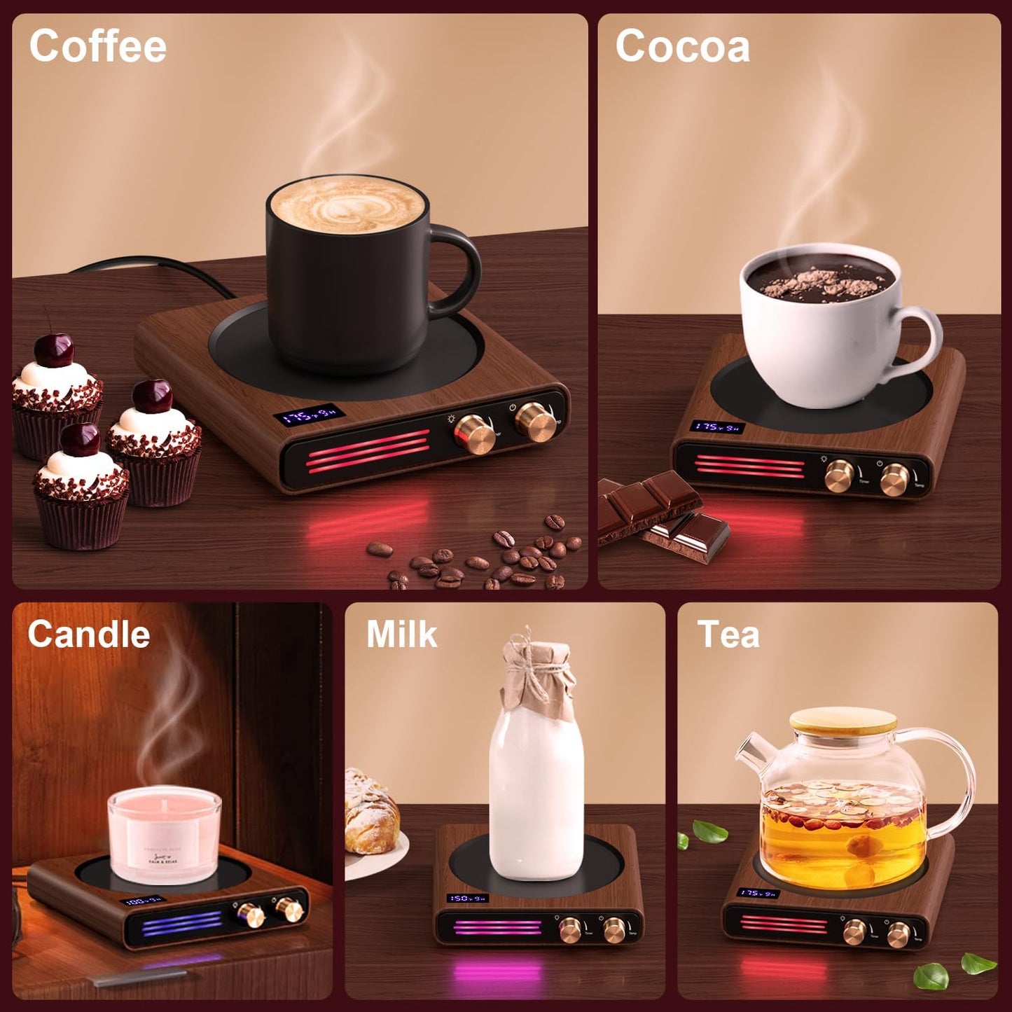 Mug Warmer, CEROBEAR 50W Coffee Cup Warmer for Desk with 9 Tempreture Settings, 1-9Hrs Auto Shut Off Smart Candle Warmer with LED Lights, Electric Beverage Warmer Plate for Coffee, Tea, Water, Milk