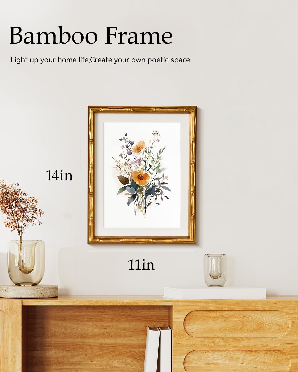 Gold Bamboo Style Framed Floral Canvas Wall Art, Elegant 11x14 Inch Botanical Flower Print, Modern Soft Illustration Watercolor-Inspired Artwork, Bedroom Entryway Bathroom Decor
